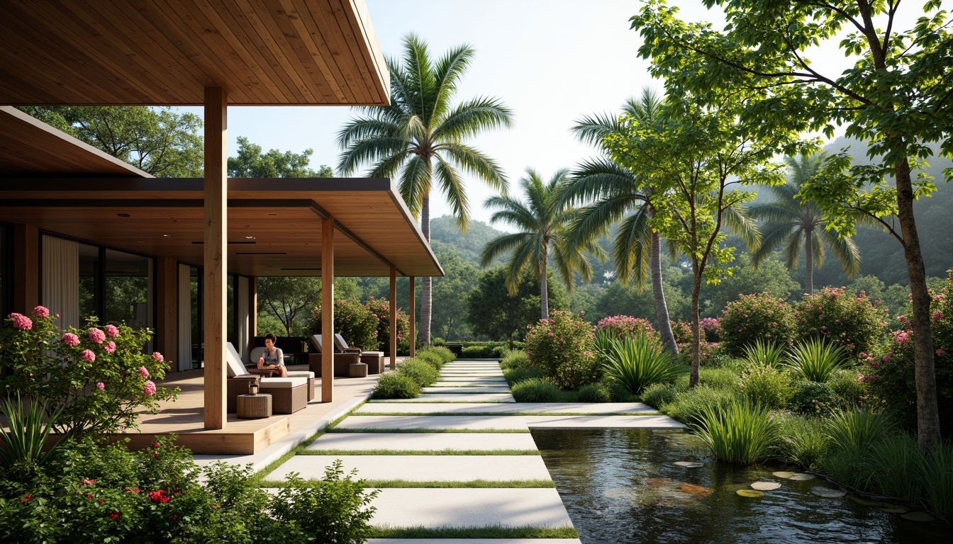 Prompt: Lush tropical gardens, exotic palm trees, vibrant hibiscus flowers, natural stone pathways, wooden decking, serene water features, tranquil koi ponds, modern minimalist architecture, large overhanging roofs, sliding glass doors, warm sunny days, soft diffused lighting, shallow depth of field, 3/4 composition, panoramic views, realistic textures, ambient occlusion.