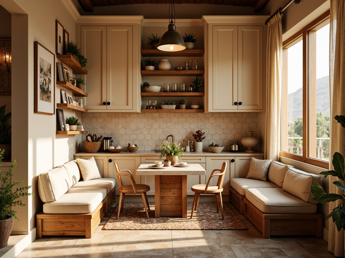 Prompt: Cozy breakfast nook, warm beige walls, rustic wood accents, soft cream-colored cabinets, elegant tile backsplash, hexagonal pattern, earthy terracotta tones, natural stone flooring, plush area rug, comfortable cushioned seating, warm pendant lighting, sunny morning ambiance, shallow depth of field, 1/1 composition, realistic textures.