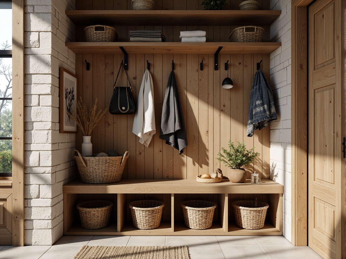 Prompt: Rustic mudroom, natural stone walls, earthy color palette, wooden accents, woven baskets, distressed wood shelving, industrial metal hooks, woven textiles, nature-inspired patterns, organic shapes, matte finish, soft warm lighting, shallow depth of field, 3/4 composition, realistic textures, ambient occlusion.