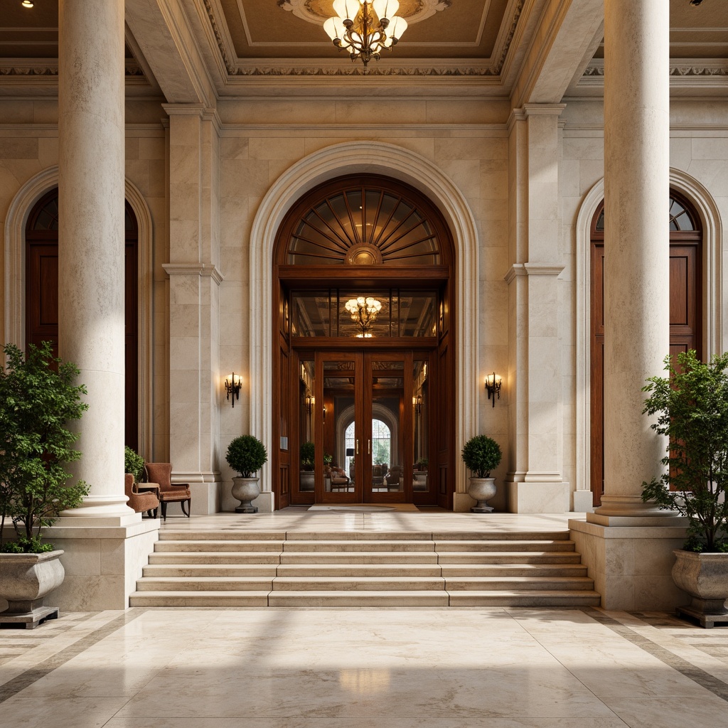 Prompt: Grand courthouse entrance, majestic columns, intricately carved wooden doors, polished marble floors, elegant chandeliers, sophisticated furnishings, neutral color palette, warm beige tones, rich wood accents, luxurious textiles, refined architectural details, natural stone walls, grand staircase, spacious open areas, subtle lighting effects, shallow depth of field, 1/1 composition, symmetrical framing, realistic reflections, ambient occlusion.