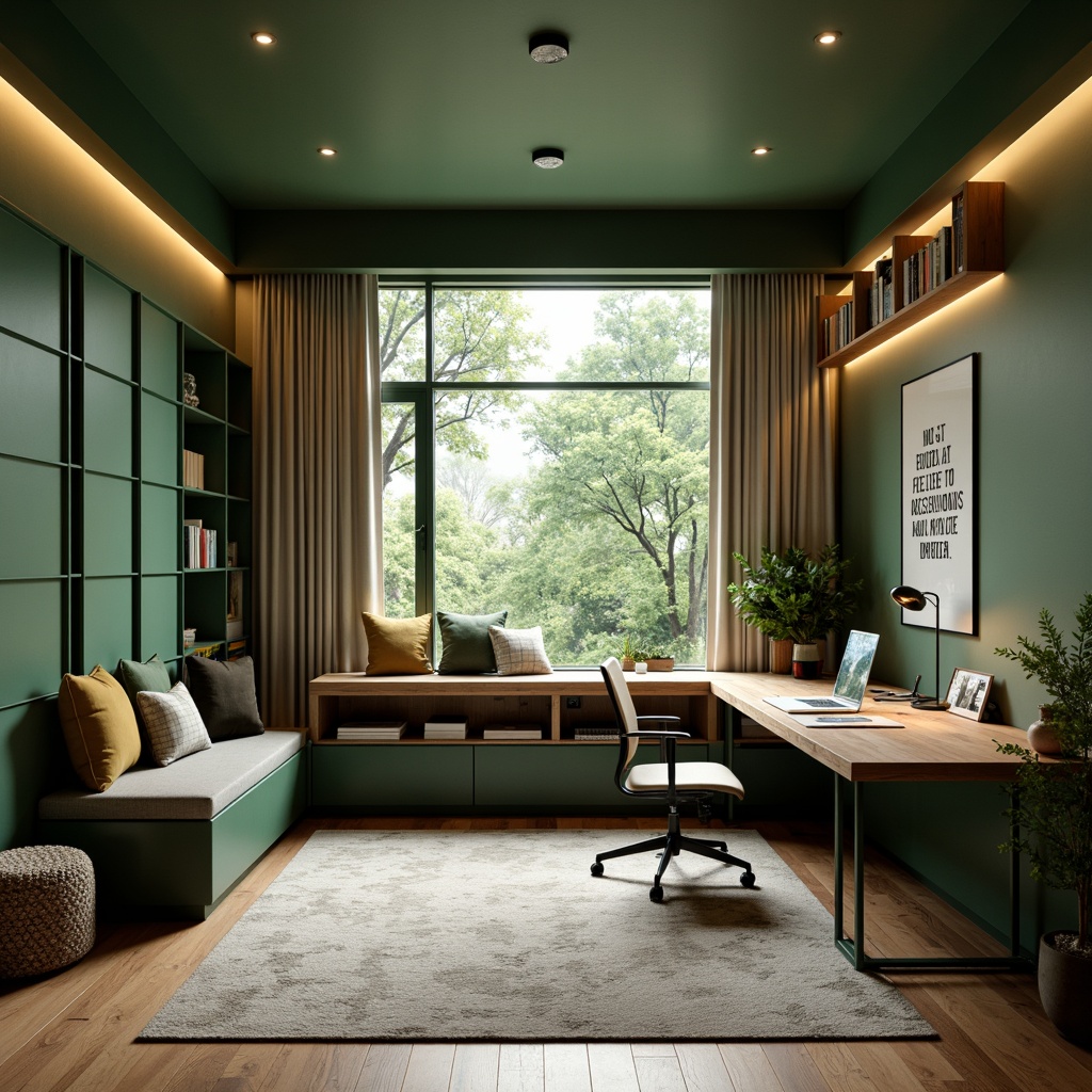 Prompt: Minimalist home office, sleek wooden desk, ergonomic chair, green walls, natural light, floor-to-ceiling windows, modern bookshelves, minimalist decor, warm LED lighting, cozy rug, comfortable reading nook, built-in storage, adjustable shelving, hidden cable management, acoustic panels, soundproofing materials, creative artwork, inspiring quotes, 1/1 composition, shallow depth of field, softbox lighting, realistic textures, ambient occlusion.