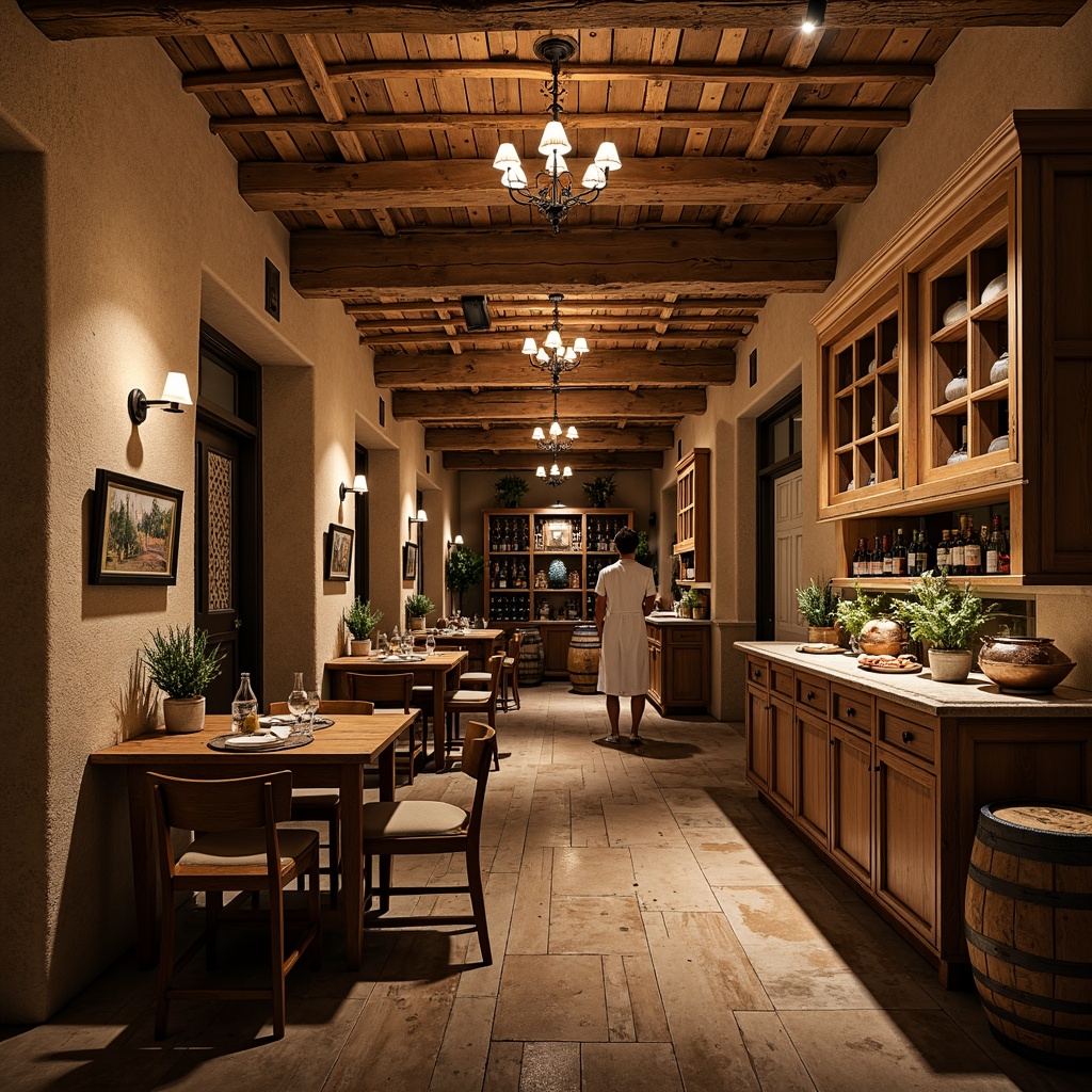 Prompt: Rustic wine cellar, distressed wooden floors, vintage charm, soft warm lighting, earthy tones, natural stone walls, reclaimed wood accents, ornate metalwork, dimly lit atmosphere, intimate seating areas, wine barrels, rich wood cabinets, elegant chandeliers, French country-inspired decor, warm beige colors, rough-hewn wooden beams, antique furniture pieces, lavish textiles, refined ambiance.