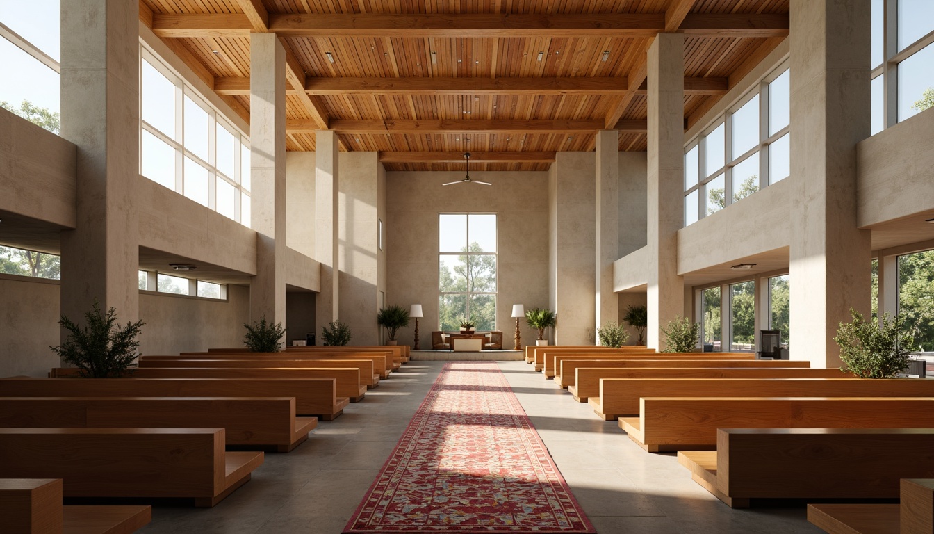 Prompt: Modern church interior, sleek wooden pews, polished concrete floors, natural stone accents, stained glass windows, soft warm lighting, high ceilings, minimalist decor, contemporary altar design, geometric patterns, vibrant colorful rugs, eco-friendly materials, sustainable flooring options, warm beige tones, subtle texture variations, shallow depth of field, 1/1 composition, realistic reflections, ambient occlusion.