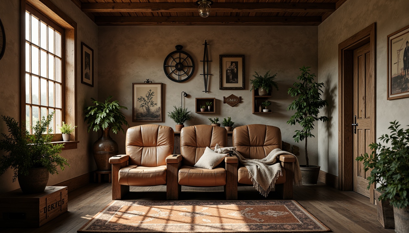 Prompt: Rustic farmhouse, vintage cinema seats, reclaimed wood accents, distressed metal decor, earthy color palette, natural textiles, plush throw blankets, antique farming tools, wooden crates, potted plants, soft warm lighting, cozy atmosphere, shallow depth of field, 1/2 composition, cinematic camera angles, realistic textures, ambient occlusion.