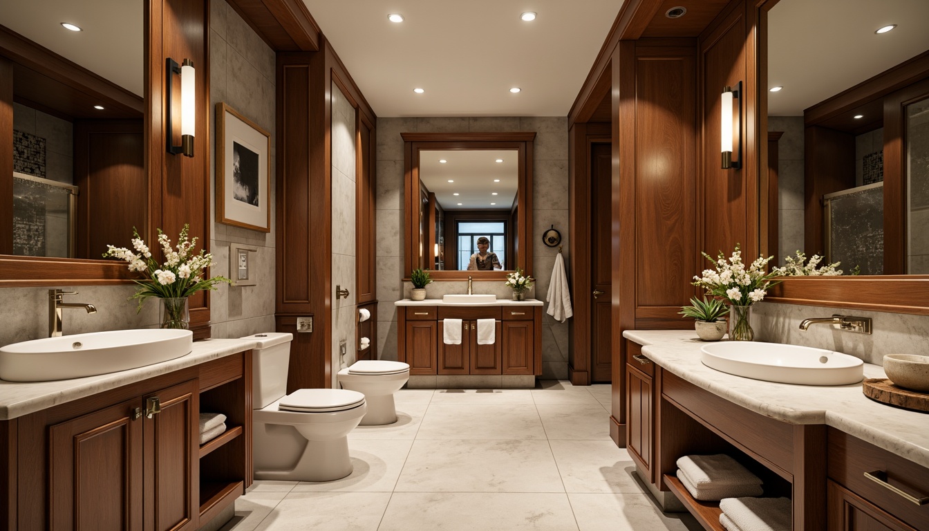 Prompt: Elegant academic bathroom, rich wood cabinetry, marble countertops, sleek faucets, modern sconces, large mirrors, stylish lighting fixtures, porcelain toilets, bidets, walk-in showers, rainfall showerheads, body sprays, heated floors, natural stone tiles, mosaic backsplashes, framed mirrors, ornate mirror frames, luxurious textiles, subtle color schemes, soft warm lighting, shallow depth of field, 3/4 composition, realistic textures, ambient occlusion.