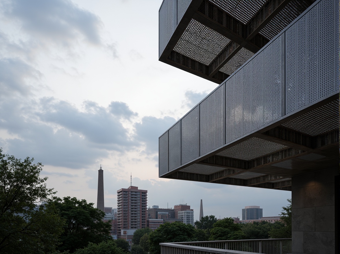 Prompt: Perforated metal fa\u00e7ade, industrial aesthetic, metallic sheen, breathable materiality, natural ventilation, rust-resistant coating, modern architectural design, urban cityscape, cloudy sky, dramatic backlighting, shallow depth of field, 1/1 composition, realistic reflections, ambient occlusion.