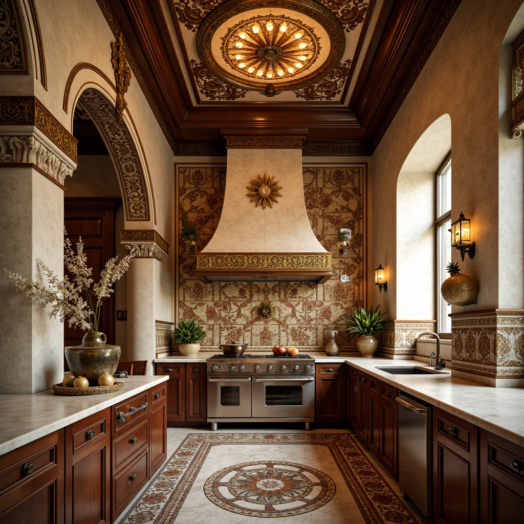 Prompt: Renaissance-style kitchen, ornate backsplash, intricately patterned tiles, warm earthy tones, golden accents, decorative moldings, classic Italian-inspired design, luxurious marble countertops, rich wood cabinetry, elegant archways, soft warm lighting, subtle shadowing, 1/1 composition, realistic textures, ambient occlusion, majestic ceiling treatments.