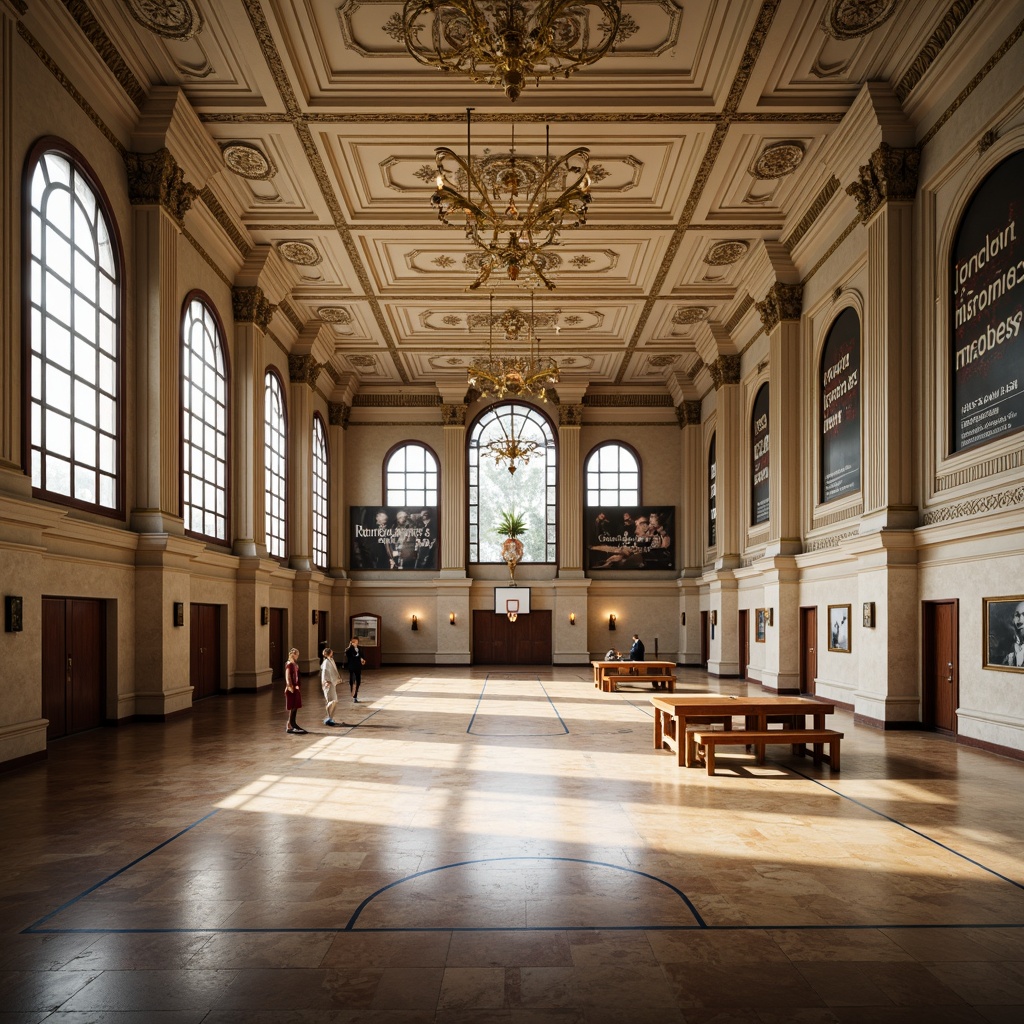 Prompt: Grand gymnasium, neoclassical architecture, ornate columns, vaulted ceilings, polished marble floors, intricate moldings, luxurious chandeliers, wooden sports equipment, basketball hoops, tennis tables, athletic tracks, padded benches, motivational quotes, historic photographs, rich wood tones, creamy whites, regal blues, subtle gold accents, warm ambient lighting, dramatic shadows, 1/2 composition, symmetrical framing, realistic textures, ambient occlusion.