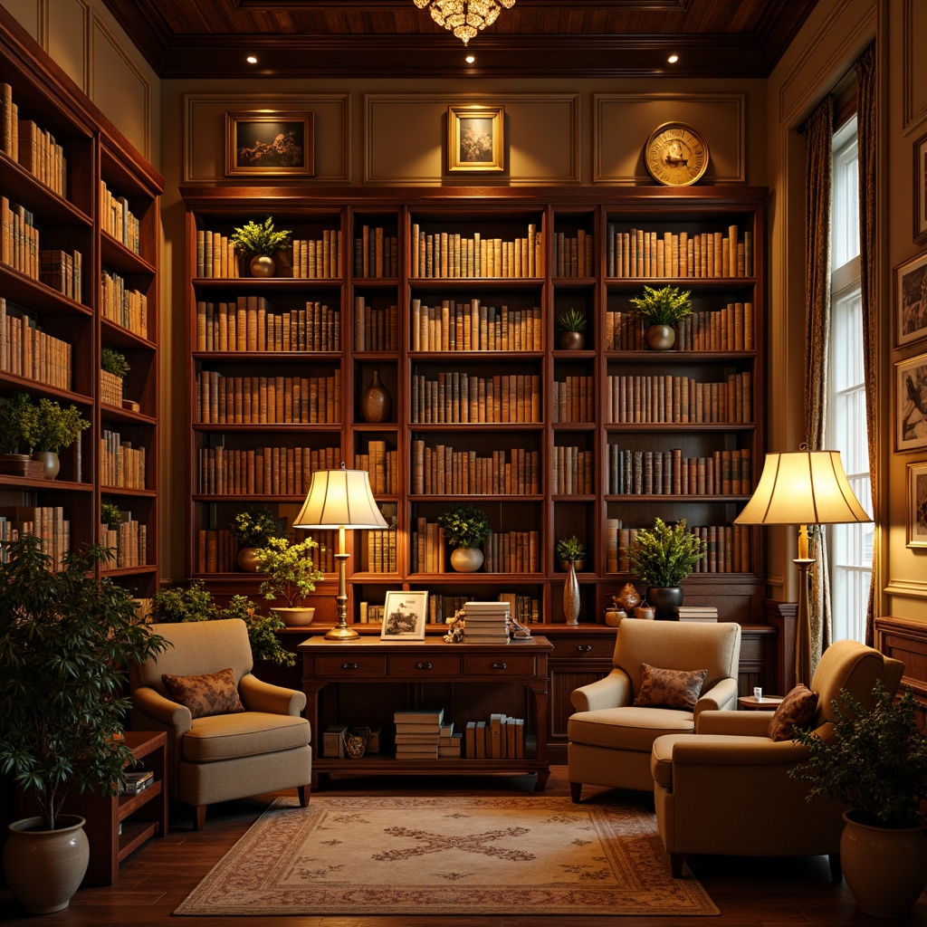 Prompt: Cozy bookstore, traditional wooden shelves, leather-bound books, warm golden lighting, softbox lights, table lamps, floor lamps, warm beige walls, comfortable reading nooks, plush armchairs, rich wood accents, classic decorative elements, ornate metal fixtures, warm earthy tones, inviting atmosphere, relaxing ambiance, soft shadows, subtle color contrast, 1/1 composition, natural textures, realistic reflections.