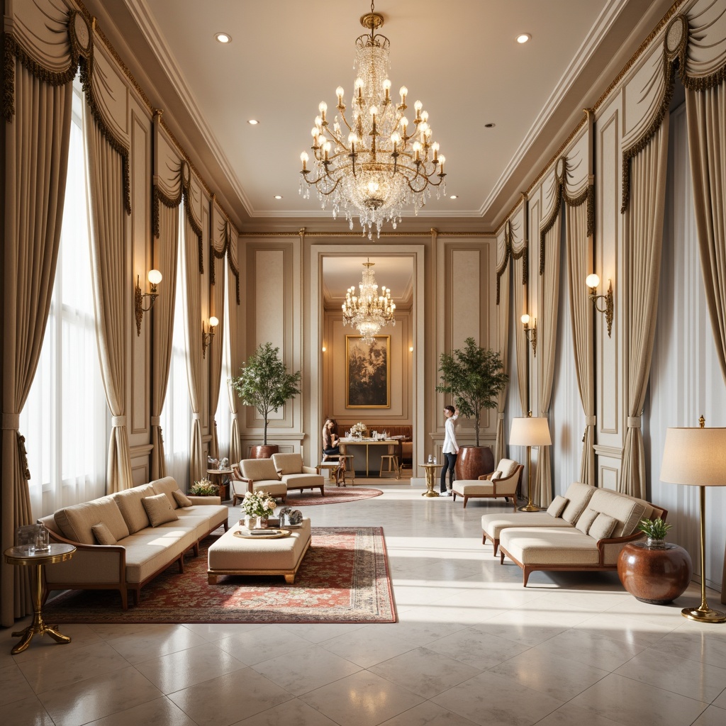 Prompt: Luxurious interior space, refined furniture, ornate decorations, lavish textiles, velvet fabrics, satin drapes, marble floors, crystal chandeliers, soft warm lighting, pastel color scheme, creamy whites, rich wood tones, subtle metallic accents, elegant typography, sophisticated patterns, high-end materials, opulent ambiance, 1/1 composition, shallow depth of field, realistic textures, ambient occlusion.