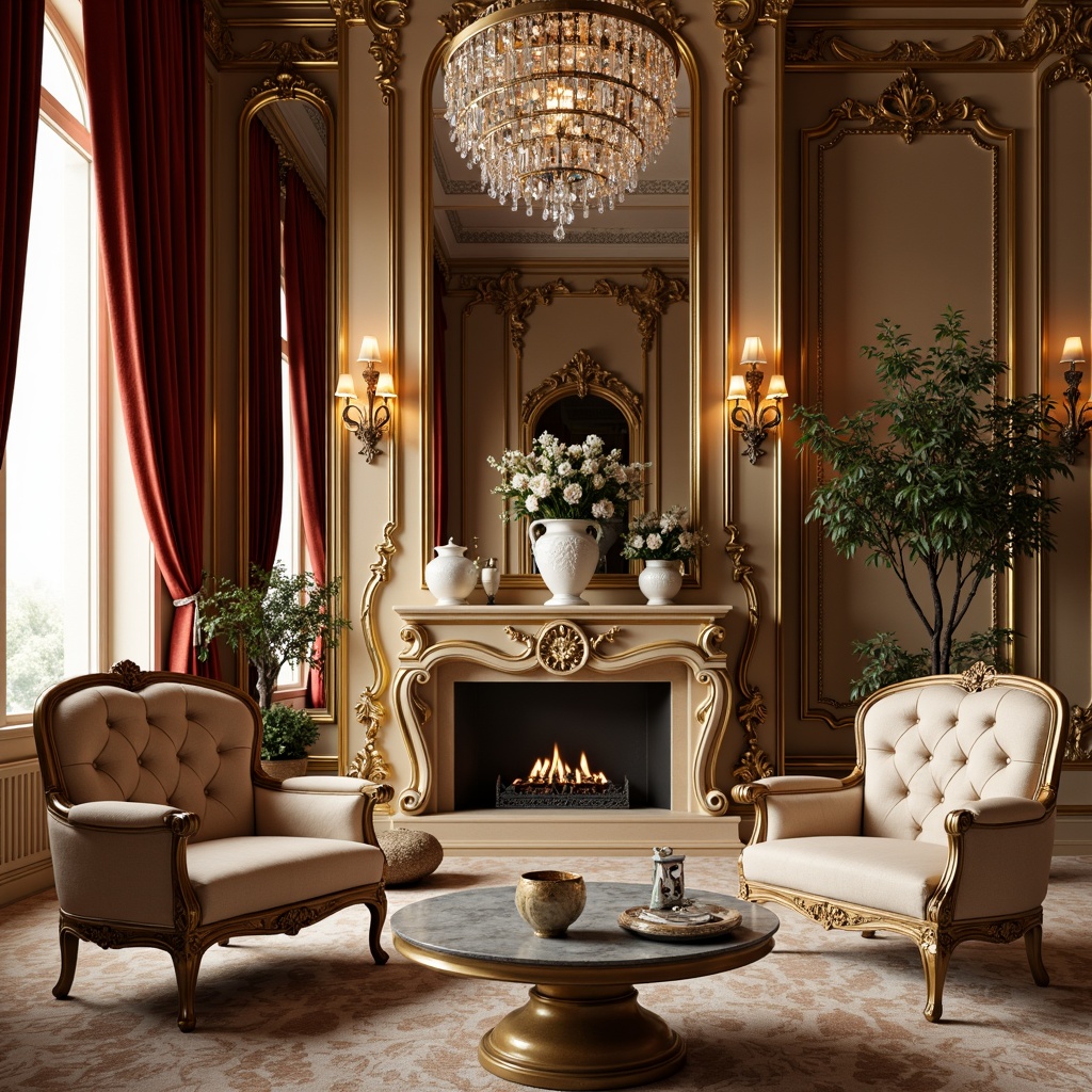 Prompt: Luxurious velvet drapes, ornate gilded frames, intricately carved wooden furniture, soft silk upholstery, delicate porcelain vases, crystal chandeliers, subtle rocaille patterns, lavish flower arrangements, creamy marble floors, warm golden lighting, shallow depth of field, 1/1 composition, realistic textures, ambient occlusion, opulent furnishings, Baroque-inspired accents, rich jewel-toned colors, ornamental mirrors, intricate moldings, refined elegance.