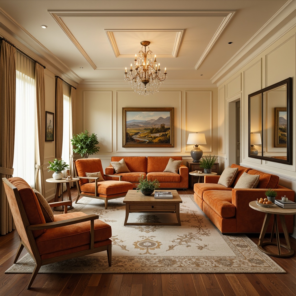 Prompt: Rich velvet furniture, luxurious golden accents, soft cream walls, warm beige flooring, plush area rugs, natural wood tones, elegant crystal chandeliers, sophisticated metallic frames, ambient warm lighting, inviting cozy atmosphere, 1/1 composition, realistic textures, subtle color gradations.