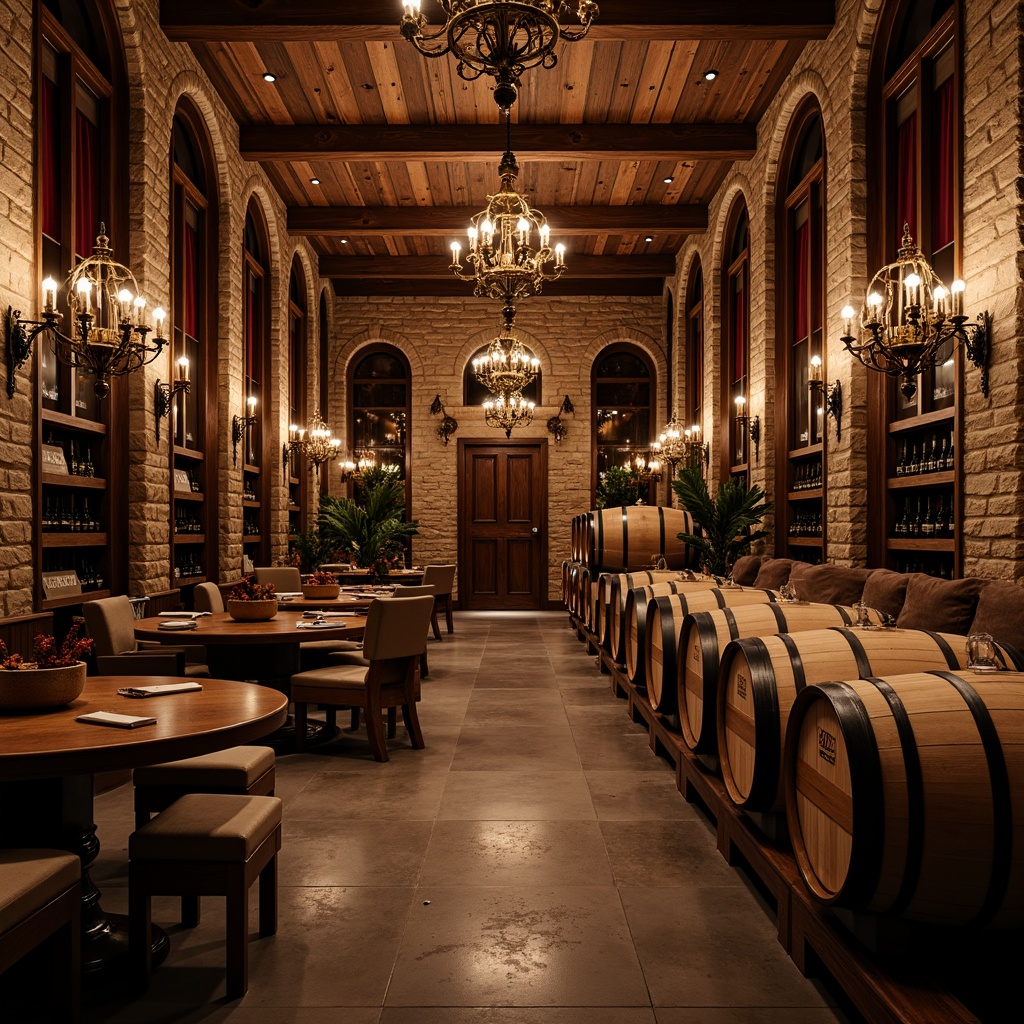 Prompt: Luxurious wine cellar, rich wood tones, ornate metalwork, dim warm lighting, stone walls, rustic brick arches, elegant chandeliers, polished wooden barrels, vintage wine crates, soft velvet drapes, intricate carvings, decorative ironwork, ambient candlelight, 3/4 composition, shallow depth of field, realistic textures.