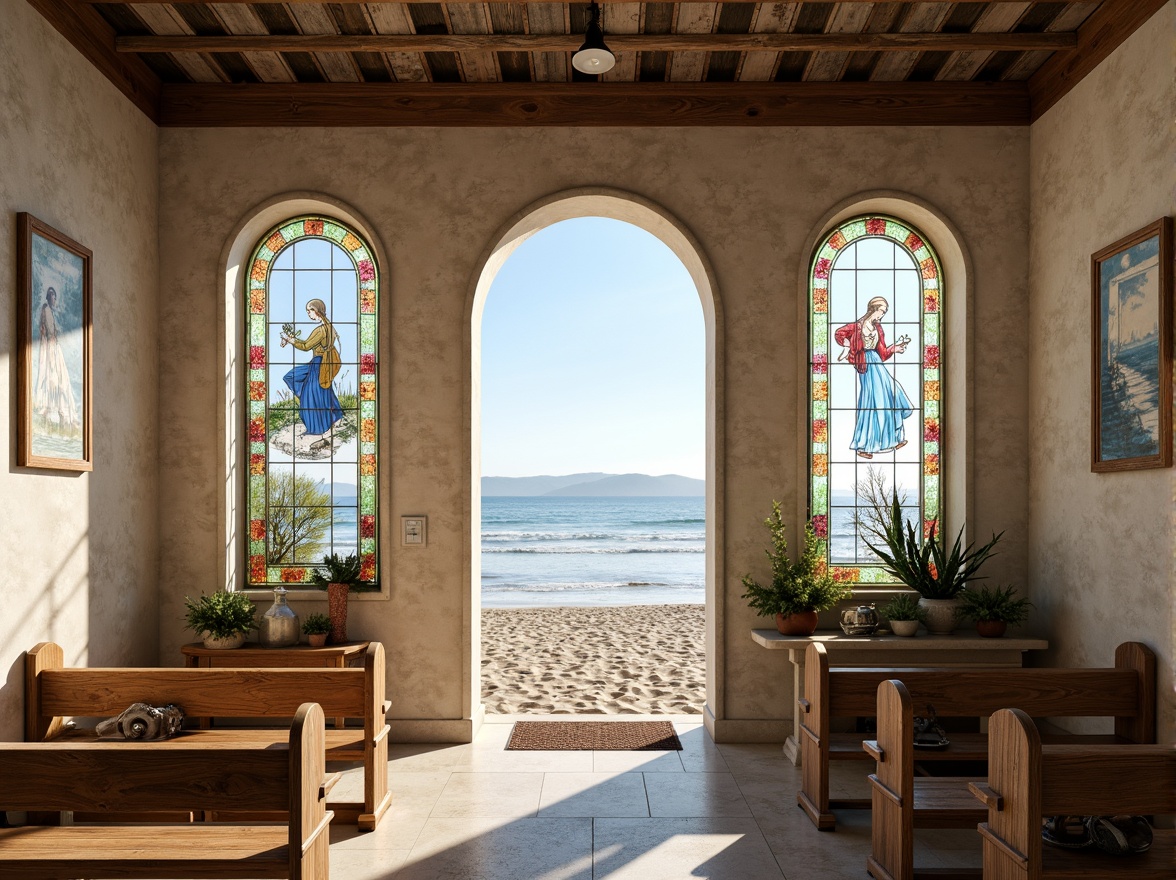 Prompt: Serene coastal landscape, sandy beach, gentle waves, clear blue sky, warm sunny day, natural light pouring through stained glass windows, ornate wooden pews, rustic stone walls, driftwood accents, nautical-themed decor, soft creamy textures, weathered copper roofing, elegant arches, subtle shell patterns, calm atmosphere, shallow depth of field, 1/1 composition, realistic rendering, ambient occlusion.