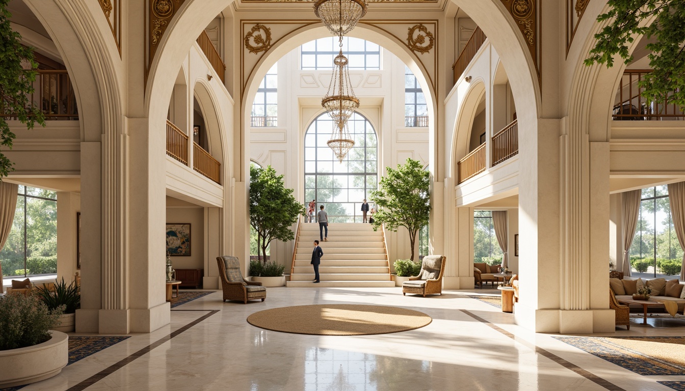 Prompt: Elegant office building, ornate fa\u00e7ade, curved lines, gilded details, intricate carvings, soft pastel colors, luxurious materials, marble floors, crystal chandeliers, grand staircases, sweeping archways, lush greenery, natural light, airy atmosphere, warm beige tones, subtle gold accents, refined furnishings, opulent textiles, delicate moldings, whimsical patterns, dramatic ceiling heights, symmetrical composition, 1/1 aspect ratio, softbox lighting, realistic reflections.