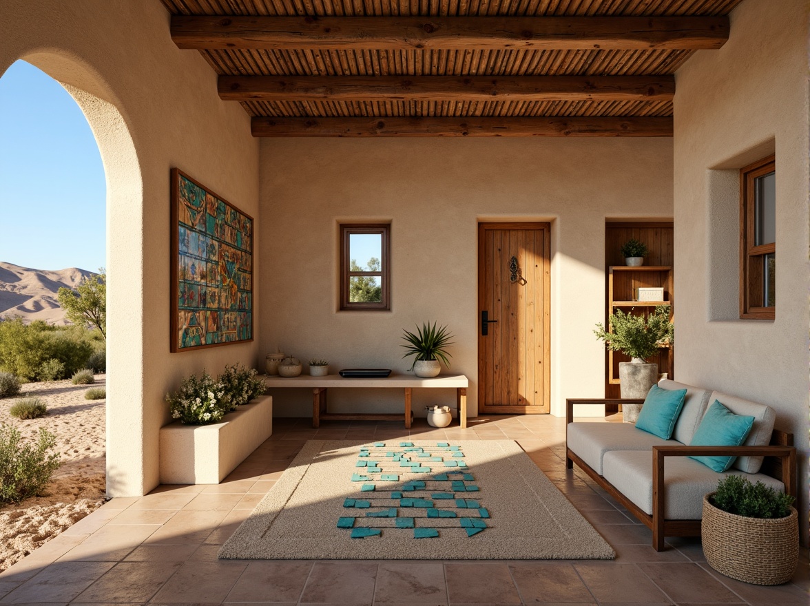 Prompt: Earthy adobe walls, natural stonework, rustic wooden accents, warm beige tones, vibrant turquoise hues, abstract Native American patterns, geometric tile arrangements, ornate metal door handles, arched windows, cozy nooks, plush woven textiles, desert botanicals, sandy dunes, clear blue skies, soft warm lighting, shallow depth of field, 3/4 composition, panoramic view, realistic textures, ambient occlusion.