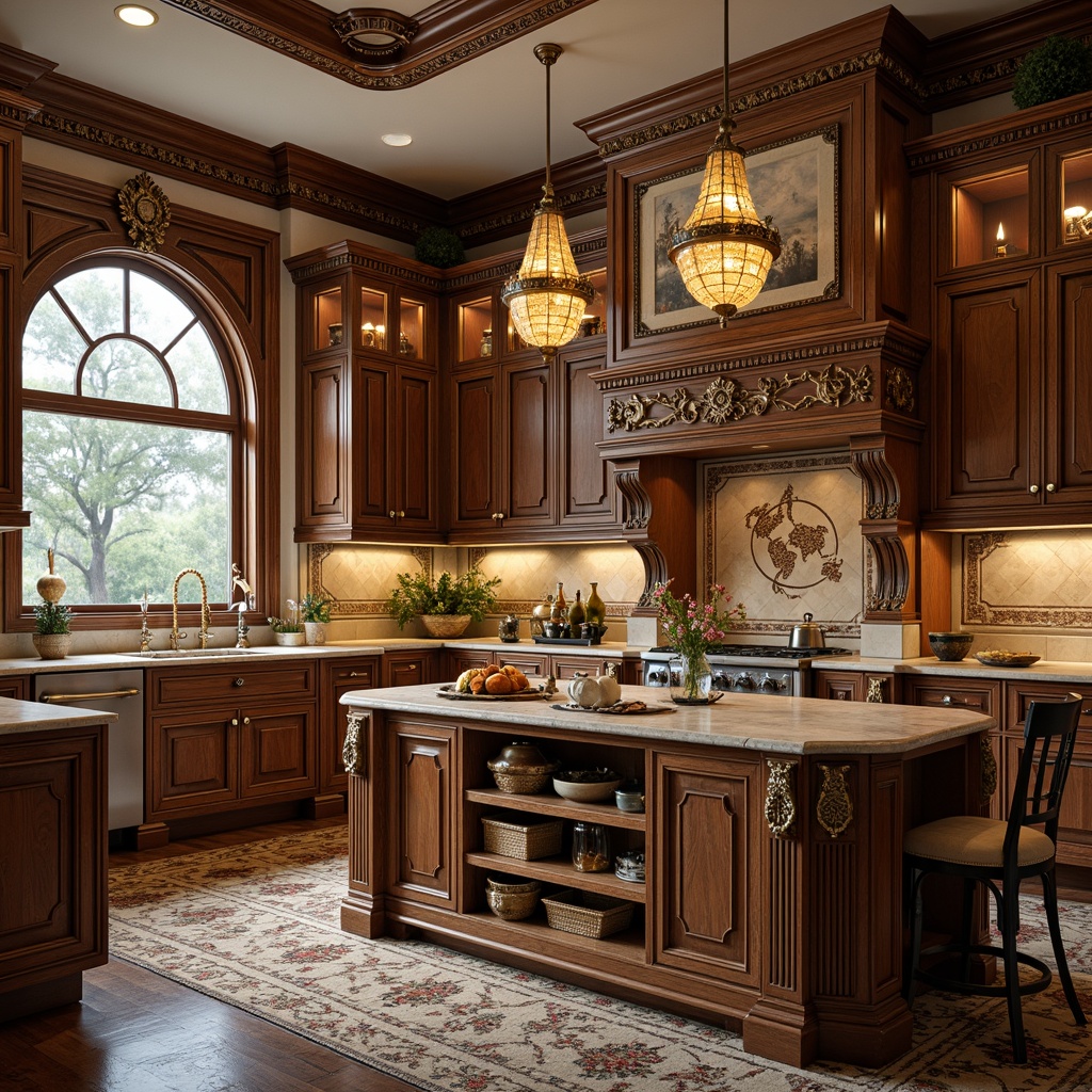 Prompt: Ornate kitchen cabinetry, rich wood tones, intricately carved details, golden hardware, luxurious stone countertops, ornamental metalwork, grandiose chandeliers, classical arches, warm earthy colors, soft diffused lighting, 1/1 composition, realistic textures, ambient occlusion, Renaissance-inspired motifs, elegant lines, sophisticated furnishings, refined decorative elements.