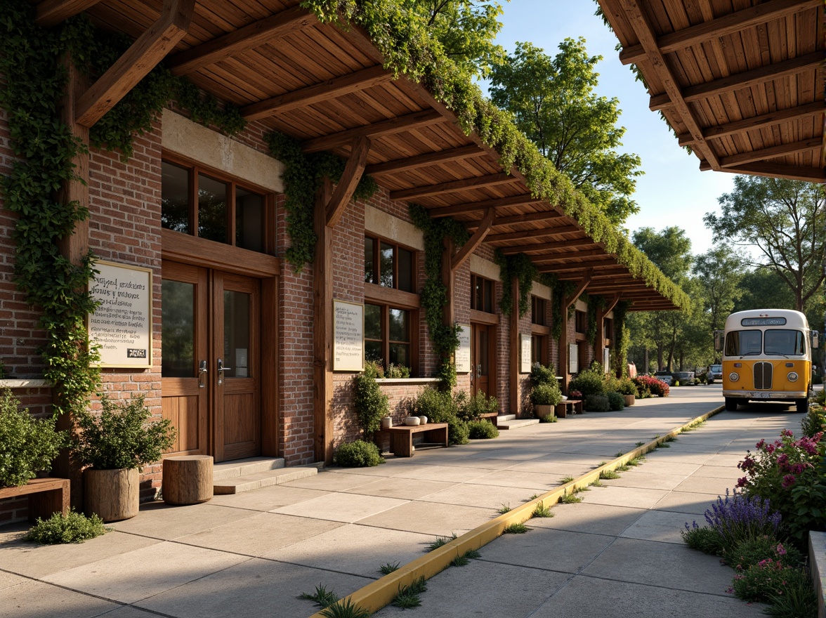 Prompt: Rustic bus station, earthy tones, natural materials, wooden accents, stone walls, brick facades, corrugated metal roofs, vintage signage, worn concrete floors, lush greenery, vines crawling, warm sunny day, soft diffused lighting, shallow depth of field, 1/2 composition, realistic textures, ambient occlusion.