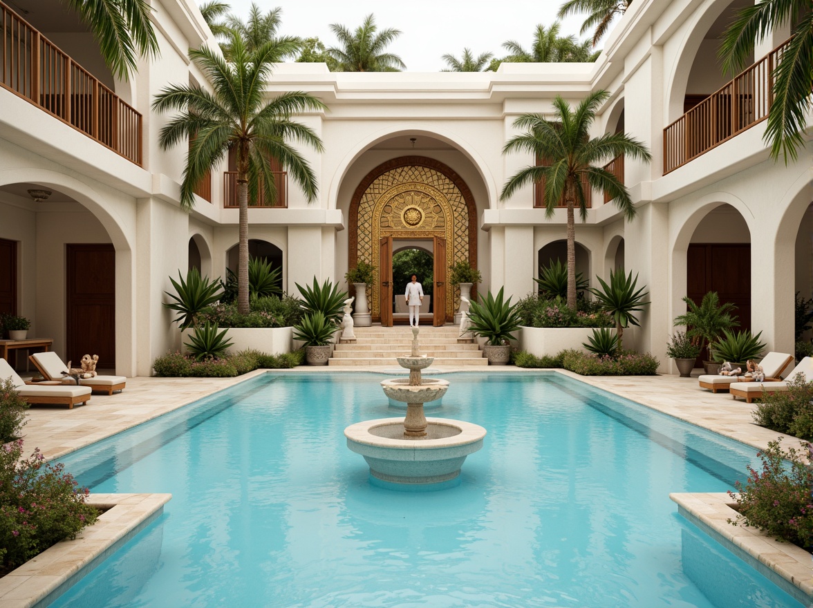 Prompt: Ornate swimming pool, curved Baroque lines, scalloped edges, gilded accents, intricate carvings, ornamental fountains, tiered water features, statuesque figurines, marble flooring, pastel color palette, soft warm lighting, shallow depth of field, 3/4 composition, panoramic view, realistic textures, ambient occlusion.