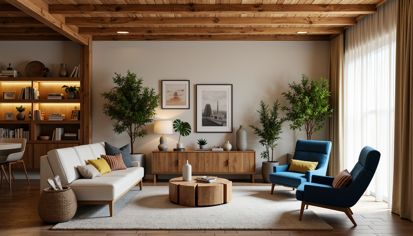 Prompt: Vibrant living room, rich wood accents, soft cream walls, bold blue furniture, natural stone flooring, warm golden lighting, cozy throw blankets, eclectic decorative accessories, modern minimalist shelves, lush green plants, warm beige curtains, soft focus photography, 3/4 composition, shallow depth of field.