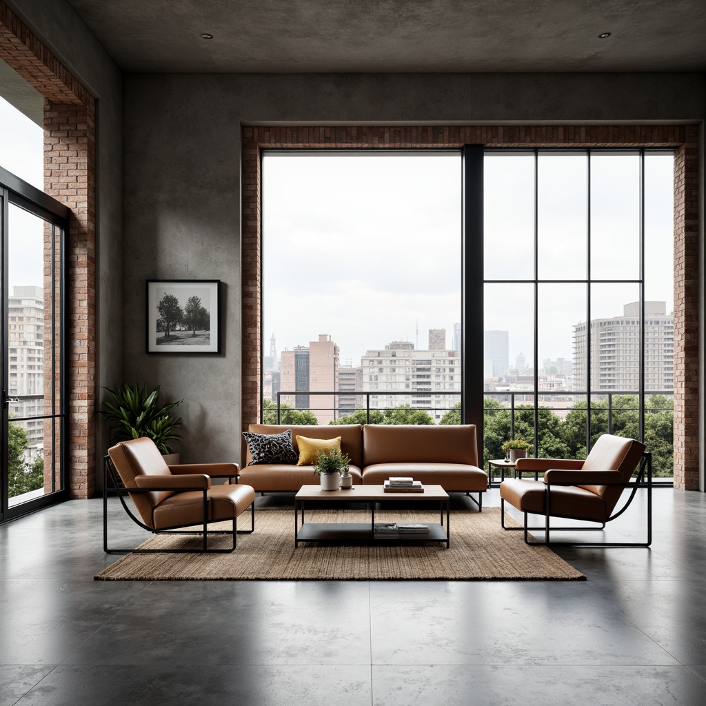 Prompt: Minimalist living room, functional furniture, tubular steel chairs, leather cushions, wooden coffee tables, geometric patterns, monochromatic color scheme, industrial materials, exposed brick walls, polished concrete floors, large windows, natural light, soft shadows, 1/1 composition, realistic textures, ambient occlusion, modernist architecture, clean lines, simplicity, elegance.