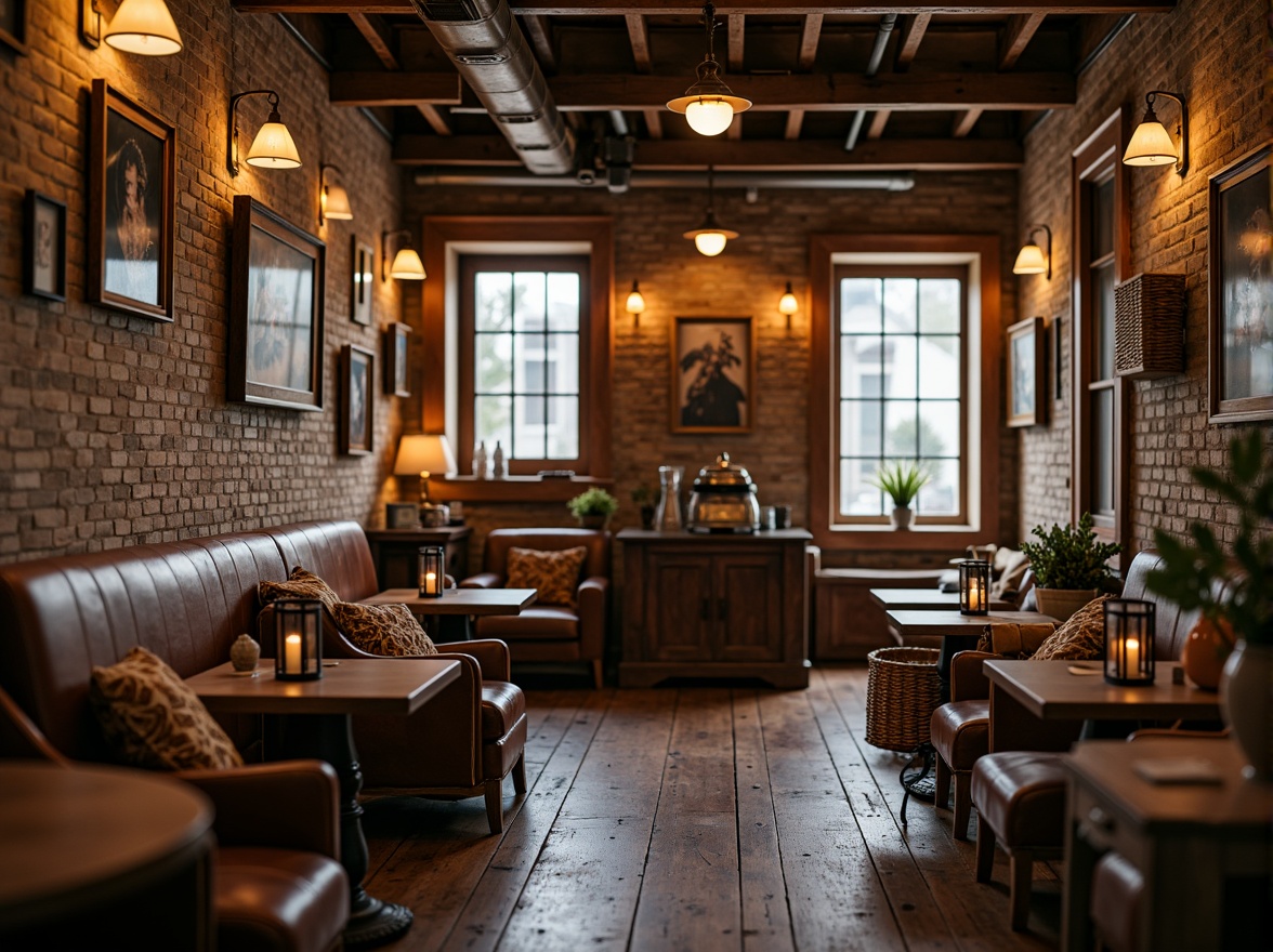 Prompt: Cozy coffee shop interior, rustic wooden accents, handcrafted furniture, rich brown leather upholstery, vintage metal hardware, reclaimed wood tables, distressed finishes, warm candle lighting, comfortable plush armchairs, woven wicker baskets, earthy color palette, natural stone walls, exposed brick details, antique decorative items, ornate wooden trim, soft warm lighting, shallow depth of field, 1/1 composition, realistic textures, ambient occlusion.