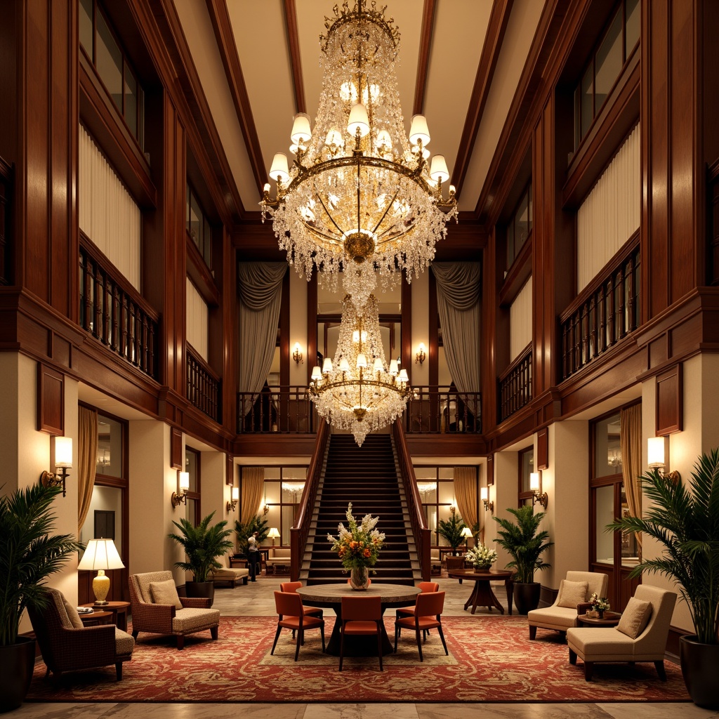 Prompt: Luxurious hotel lobby, opulent chandeliers, rich wood paneling, plush carpeting, elegant furnishings, classic architectural details, ornate mirrors, sophisticated color palette, warm ambient lighting, inviting seating areas, lavish curtains, traditional patterns, intricate moldings, polished marble floors, grand staircase, majestic high ceilings, soft warm glow, shallow depth of field, 2/3 composition, intimate atmosphere.