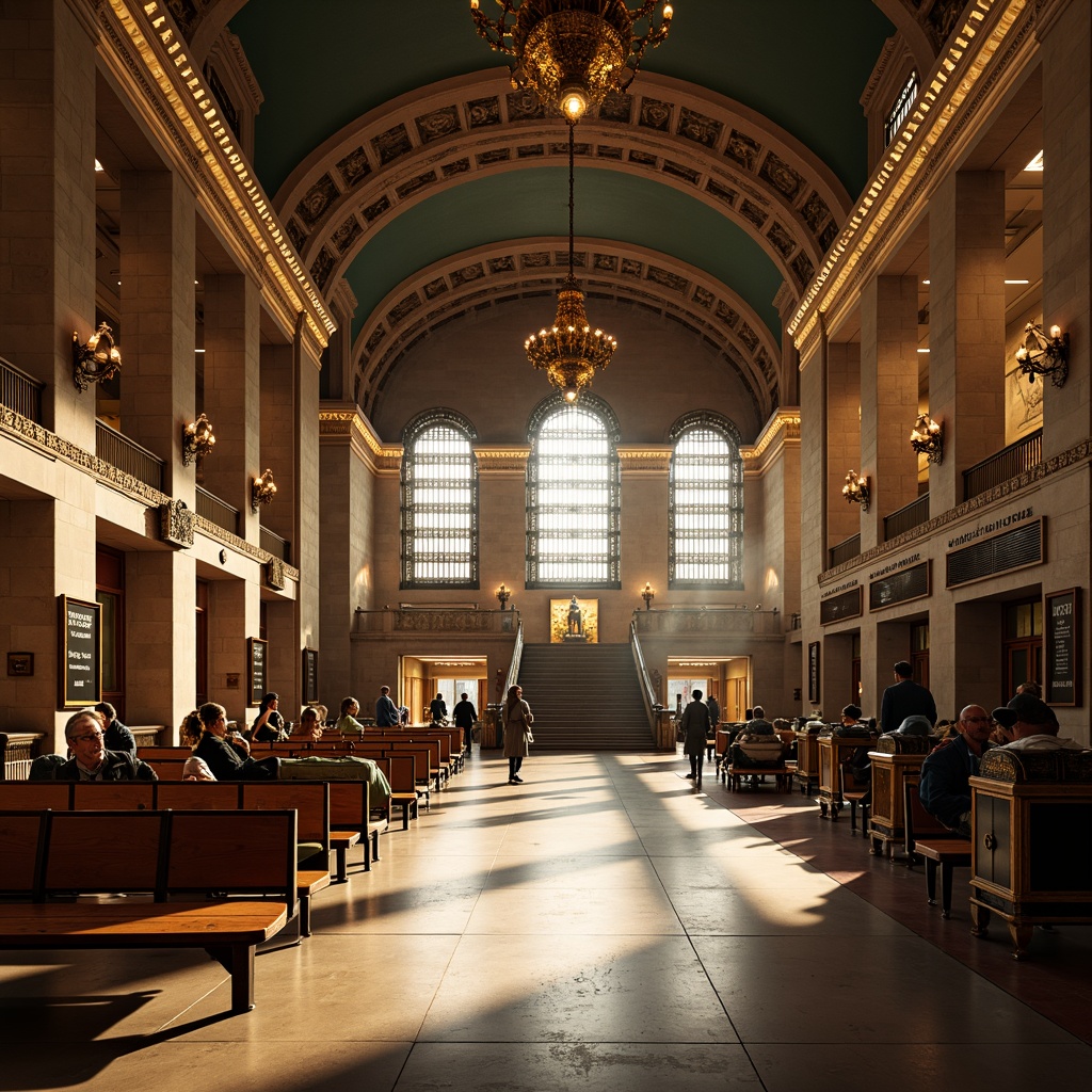 Prompt: Grand train station, high ceilings, ornate chandeliers, warm golden lighting, classic wooden benches, vintage luggage racks, elegant metal signage, intricate stone carvings, grand staircases, imposing columns, refined architectural details, soft warm glow, dramatic shadows, symmetrical composition, 1/2 format, realistic textures, ambient occlusion.