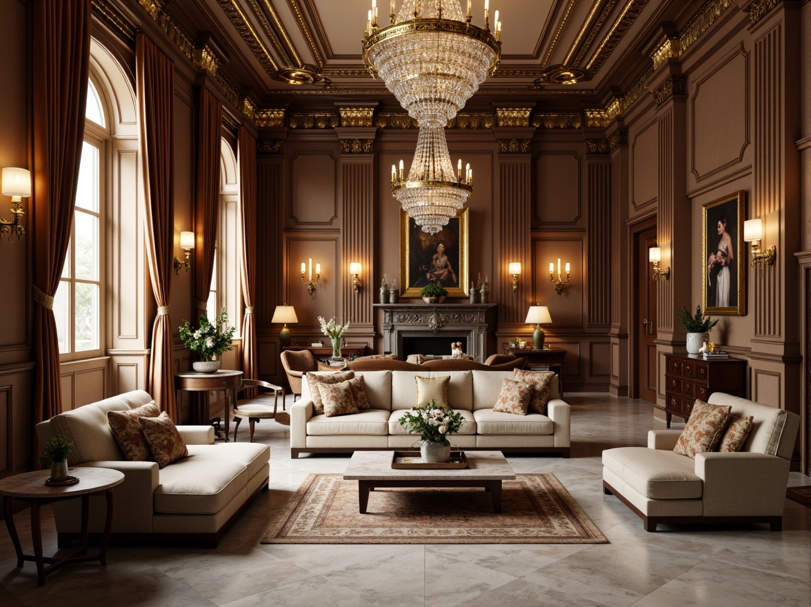 Prompt: Elegant neoclassical interior, ornate furnishings, luxurious fabrics, rich wood tones, gilded accents, crystal chandeliers, velvet drapes, intricate carvings, symmetrical compositions, neutral color palette, marble floors, stately columns, refined proportions, subtle patterns, sophisticated ambiance, soft warm lighting, shallow depth of field, 2/3 composition, realistic textures, ambient occlusion.