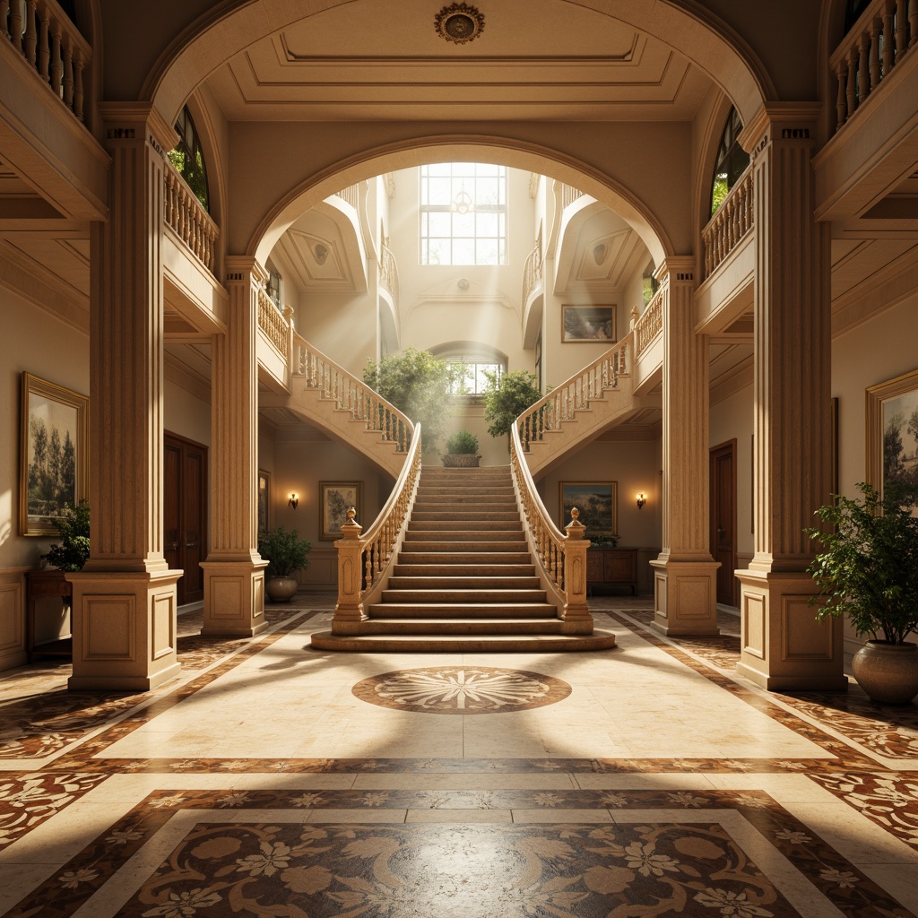 Prompt: Polished marble floors, inlaid wooden patterns, ornate mosaic tiles, grand staircase, sweeping archways, fluted columns, decorative pilasters, classic Greek-inspired motifs, richly veined stone walls, warm beige tones, soft golden lighting, atmospheric fog effects, symmetrical composition, dramatic high ceilings, ornamental railings, luxurious textiles, subtle gradient shading.