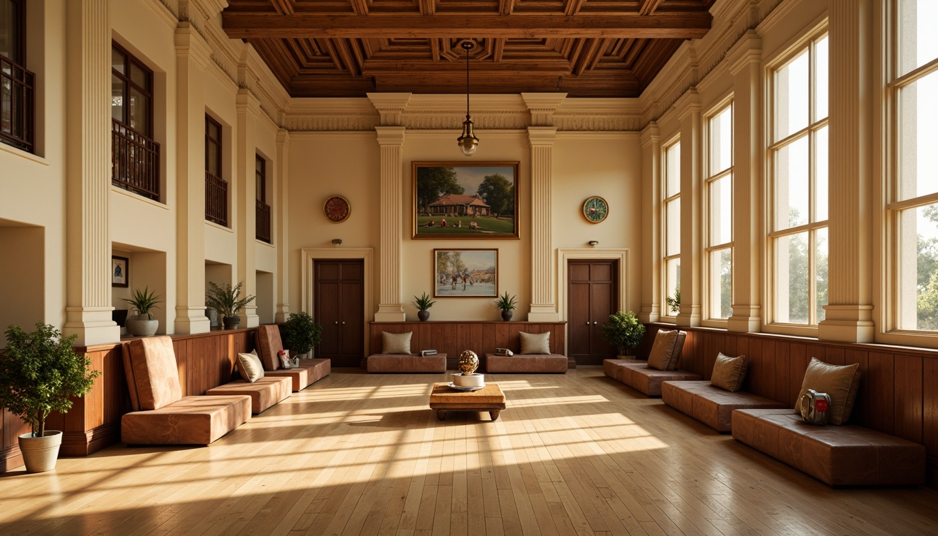 Prompt: \Elegant gymnasium interior, neoclassicism style, warm beige walls, rich wood flooring, ornate columns, cream-colored marble accents, soft golden lighting, subtle shadows, vintage athletic equipment, distressed leather furniture, nostalgic sports memorabilia, aged wooden benches, classic architectural details, symmetrical composition, shallow depth of field, realistic textures, ambient occlusion.\