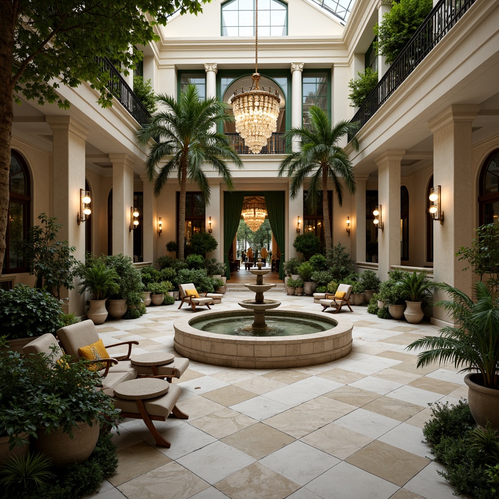 Prompt: Luxurious interior courtyard, ornate fountains, delicate statuettes, intricately patterned marble floors, lush green walls, exotic tropical plants, grand crystal chandeliers, soft warm lighting, opulent velvet drapes, gilded mirrors, ornamental flower arrangements, curved lines, whimsical decorations, Baroque-inspired furniture, richly textured fabrics, pastel color palette, romantic ambiance, 1/1 composition, shallow depth of field, realistic rendering.