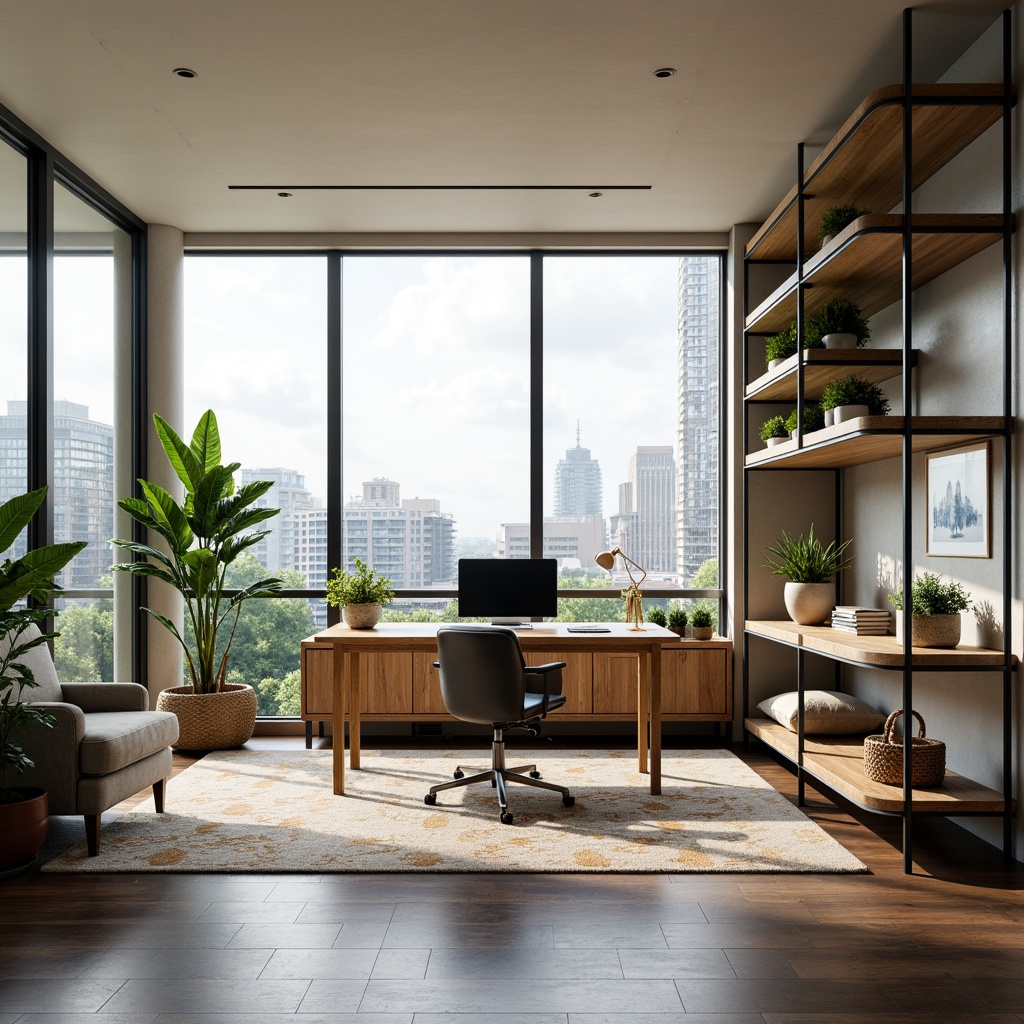 Prompt: Modern home office, minimalist decor, sleek wooden desk, ergonomic chair, floor-to-ceiling windows, natural light, urban cityscape view, industrial-chic metal shelves, vibrant green plants, geometric-patterned rug, warm neutral color scheme, softbox lighting, shallow depth of field, 1/2 composition, realistic textures, ambient occlusion, cozy reading nook, plush sofa, abstract artwork, innovative storage solutions, modular furniture design, smart home automation systems.