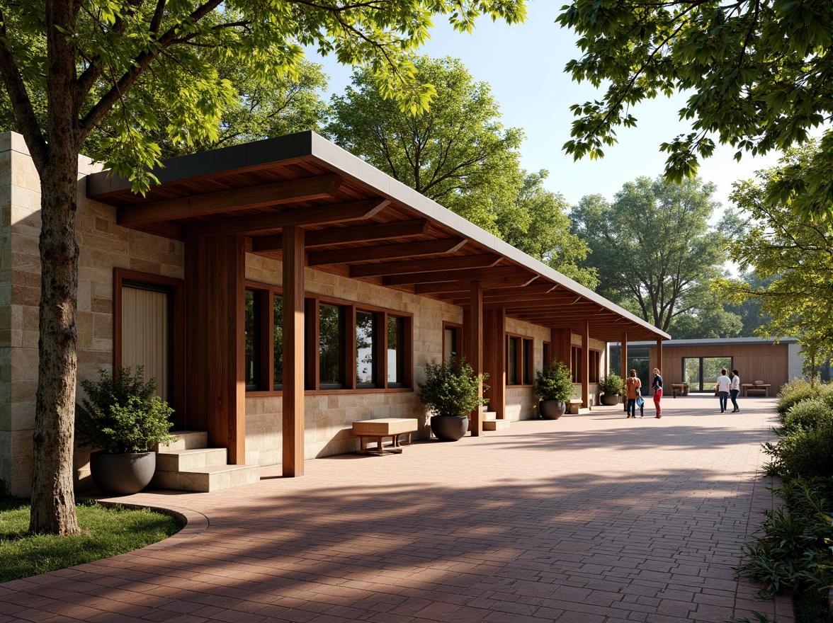 Prompt: Rustic bus station, earthy tones, natural stone walls, wooden roof trusses, corrugated metal cladding, earthy red brick pavement, verdant greenery surroundings, mature trees canopy, warm sunny day, soft diffused lighting, shallow depth of field, 2/3 composition, realistic textures, ambient occlusion.