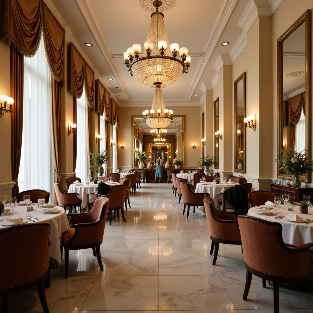 Prompt: Elegant dining hall, luxurious chandelier, marble flooring, cream-colored walls, lavish curtains, refined wooden furniture, velvet upholstered chairs, polished silverware, ornate mirrors, sophisticated lighting fixtures, soft warm ambiance, intimate dinner settings, 3/4 composition, shallow depth of field, realistic textures.