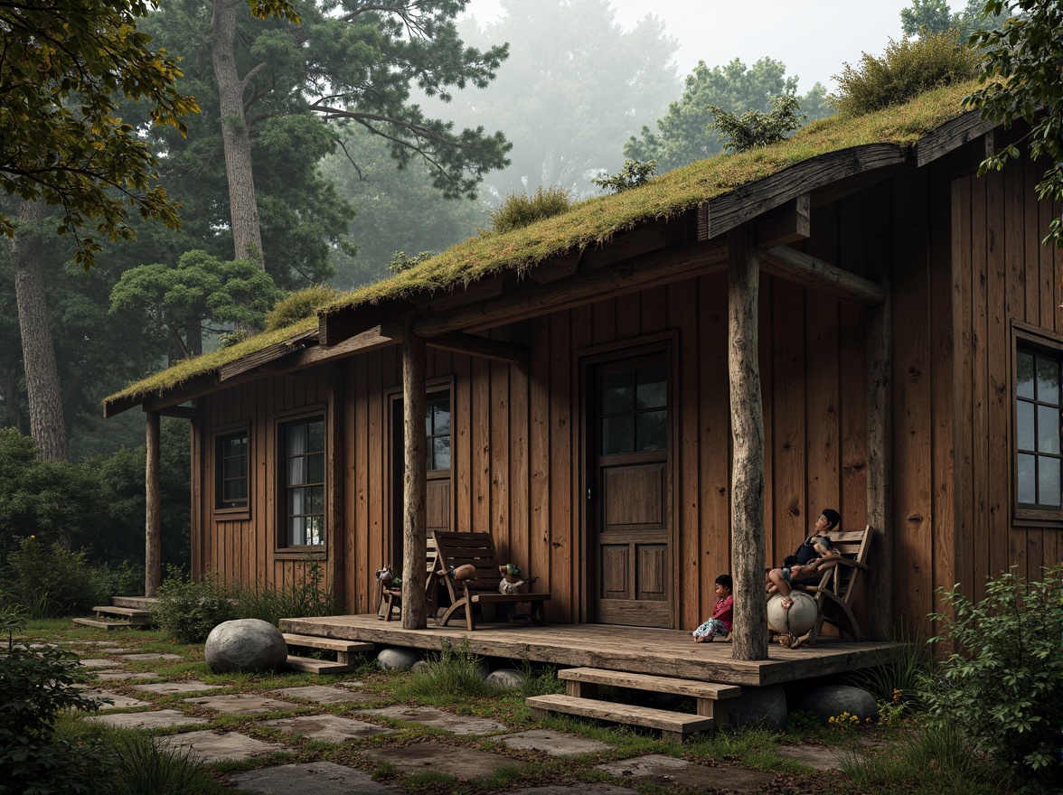 Prompt: Rustic wooden cabin, distressed textures, earthy tones, natural stone walls, moss-covered roofs, overgrown vegetation, misty atmosphere, soft warm lighting, subtle shadows, 3/4 composition, intimate framing, realistic details, ambient occlusion.