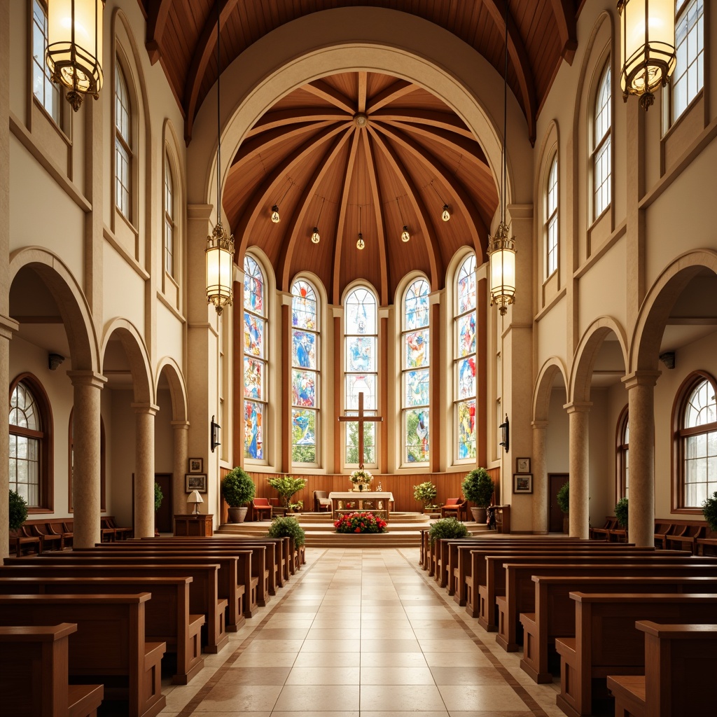 Prompt: \Sacred church interior, warm beige walls, rich wood accents, stained glass windows, soft golden lighting, serene atmosphere, comfortable pews, elegant chandeliers, subtle cross patterns, creamy marble floors, ornate altar, natural stone columns, vibrant spiritual artwork, calming blue hues, earthy terracotta tones, warm cream colors, inviting ambiance, 1/1 composition, realistic textures, ambient occlusion.\