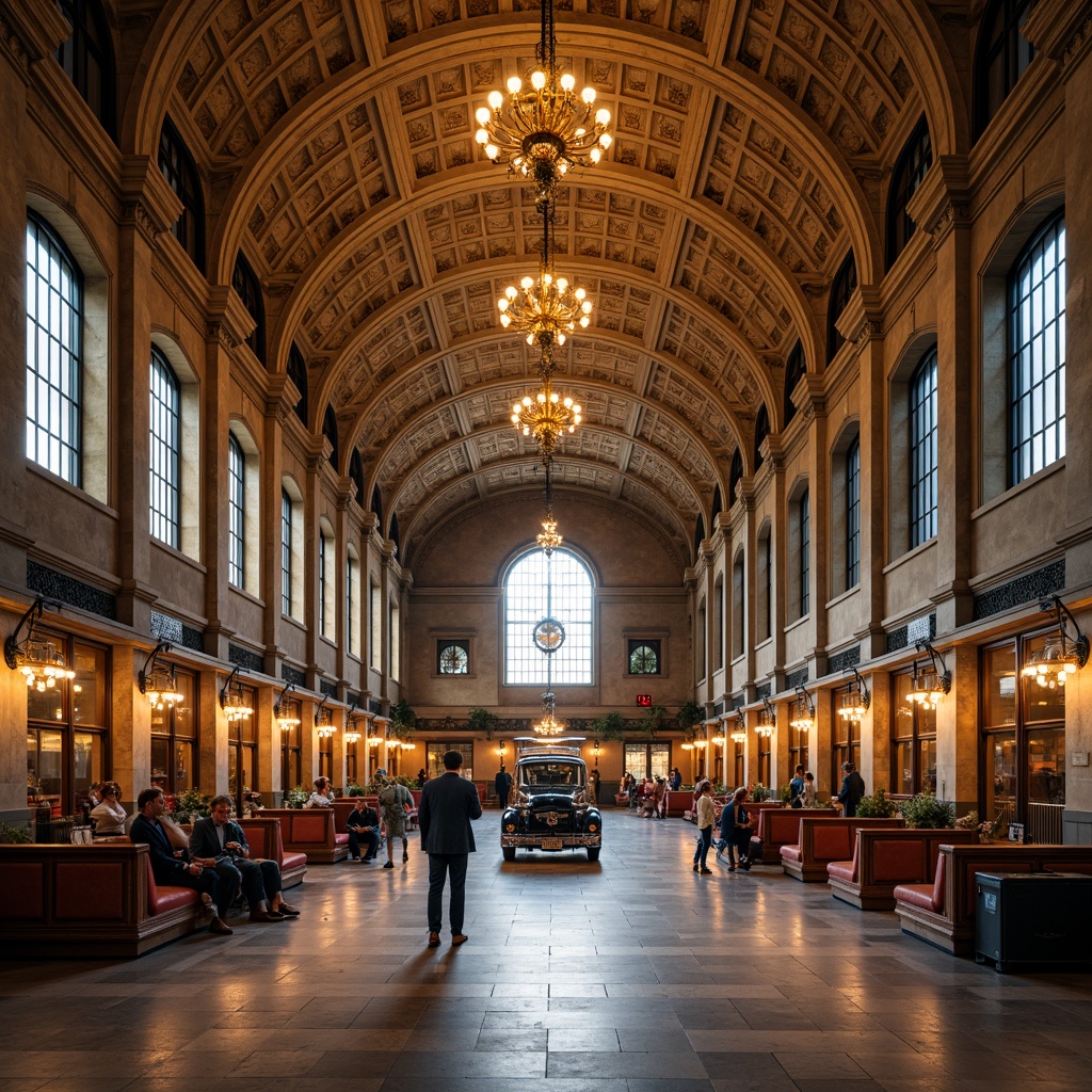 Prompt: Grandiose train station, vaulted ceiling, ornate chandeliers, classical archways, intricate stonework, warm golden lighting, academic style columns, elegant wooden accents, polished marble floors, sophisticated waiting areas, comfortable seating, vintage luggage racks, nostalgic railway clocks, subtle industrial touches, exposed brick walls, dramatic natural light, 1/2 composition, soft focus blur, realistic textures.