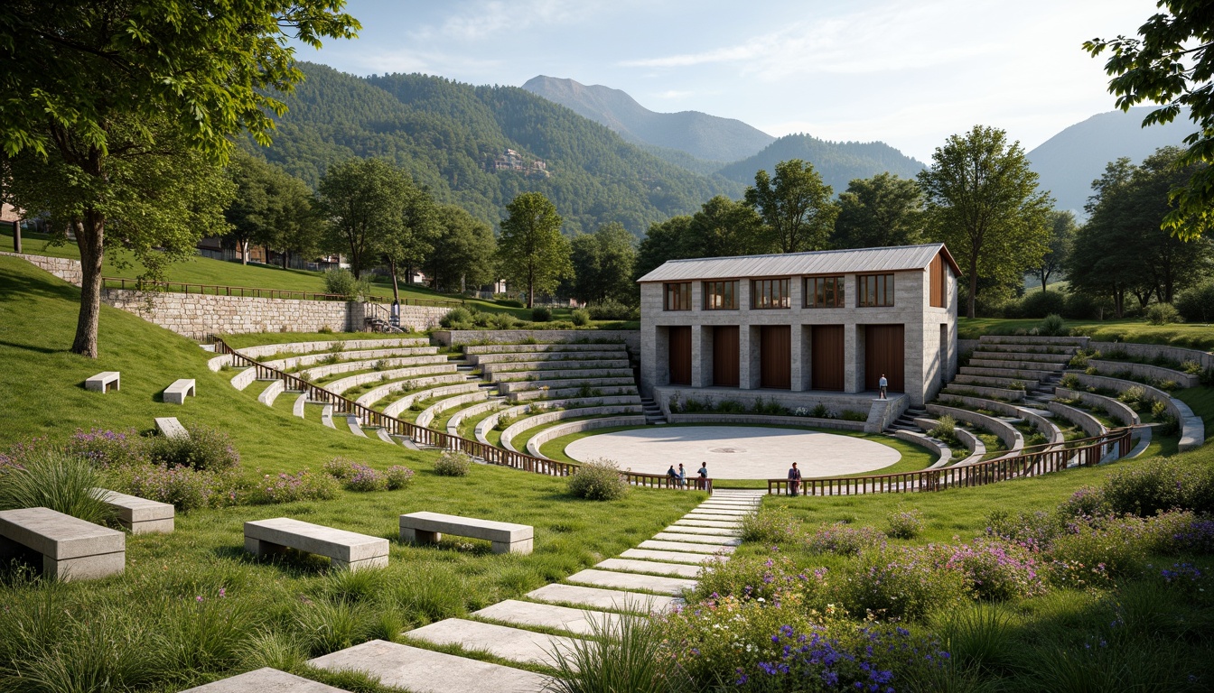 Prompt: Natural stone amphitheater, grassy slopes, tiered seating, wooden benches, rustic railings, lush greenery, vibrant flowers, scenic views, warm sunny day, soft diffused lighting, shallow depth of field, 3/4 composition, panoramic view, realistic textures, ambient occlusion, sound-absorbing materials, acoustic panels, optimized speaker placement, crystal-clear audio, immersive sound experience, minimal echo, reverberation control, comfortable audience seating, accessible walkways.