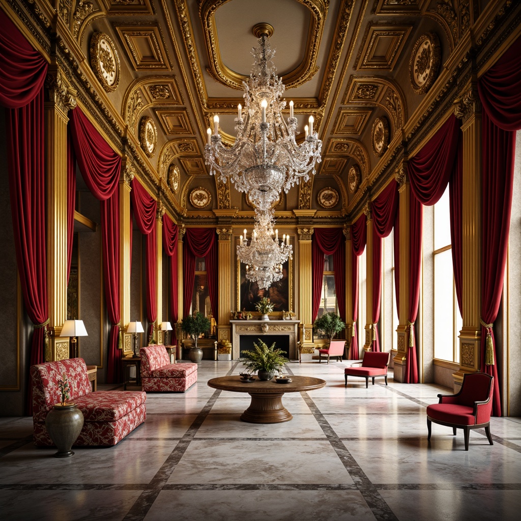 Prompt: Luxurious palace interior, ornate gilded moldings, rich velvet drapes, intricately patterned marble floors, ornamental fresco ceilings, grand crystal chandeliers, lavish furnishings, curved lines, sculpted wooden panels, opulent fabrics, golden accents, dramatic lighting, warm color palette, high-contrast shading, detailed textures, realistic reflections, 1/1 composition, close-up shots, soft focus effect.