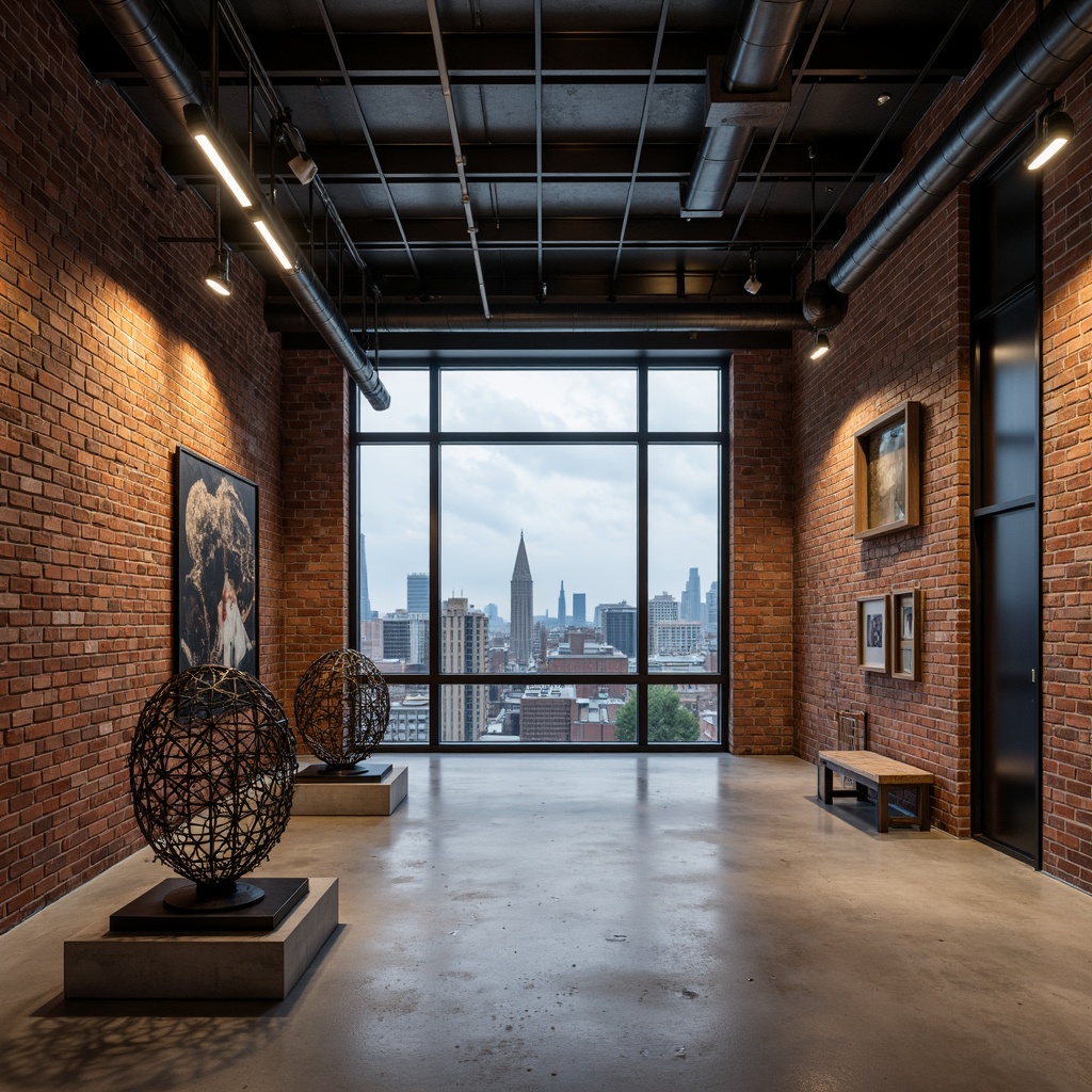 Prompt: Exposed brick walls, industrial steel beams, reclaimed wood accents, functional pipes, metal grid ceilings, minimalist concrete floors, geometric metal sculptures, avant-garde lighting fixtures, urban cityscape views, overcast skies, dramatic shadows, high-contrast lighting, bold color blocking, 1/1 composition, abstract textures, gritty ambient occlusion.