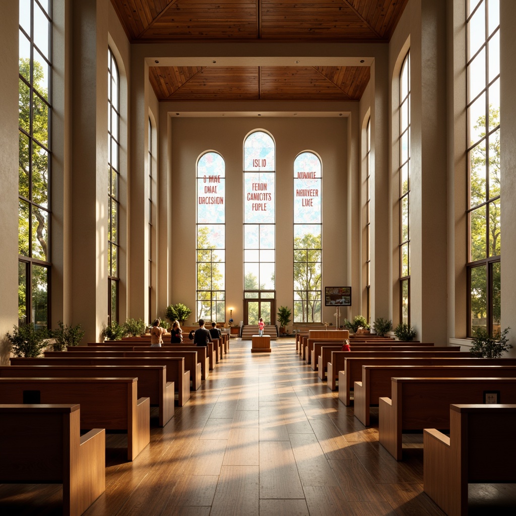 Prompt: Modern church interior, sleek lines, minimalist decor, polished wood flooring, subtle texture, neutral color palette, warm ambient lighting, stained glass windows, contemporary pews, abstract geometric patterns, bold typography, inspirational quotes, subtle fragrance, peaceful atmosphere, 3/4 composition, shallow depth of field, soft focus, realistic materials.