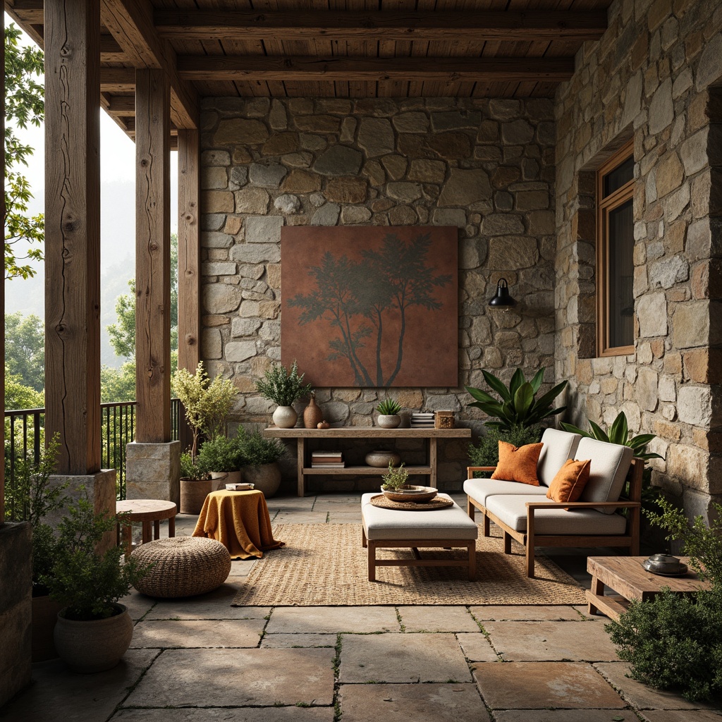 Prompt: Rustic stone walls, weathered wooden planks, distressed metal panels, rough-hewn granite floors, natural fiber textiles, woven wicker furniture, earthy color palette, organic shapes, uneven terrain, misty morning atmosphere, soft warm lighting, shallow depth of field, 3/4 composition, panoramic view, realistic textures, ambient occlusion.