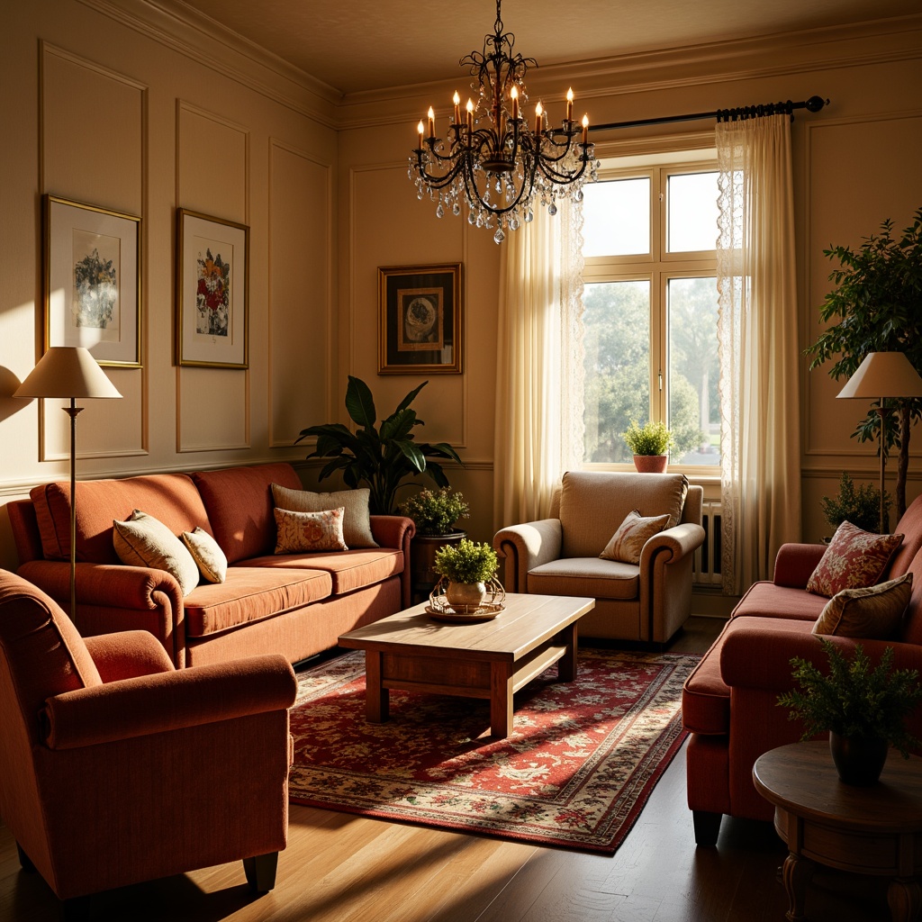 Prompt: Warm cozy ambiance, soft golden lighting, elegant chandeliers, subtle floor lamps, warm beige walls, rich wood furniture, plush velvet sofas, vibrant colorful throw pillows, intricate rug patterns, delicate lace curtains, sparkling crystal decorations, morning sunlight, gentle shadows, shallow depth of field, 1/1 composition, realistic textures, ambient occlusion.