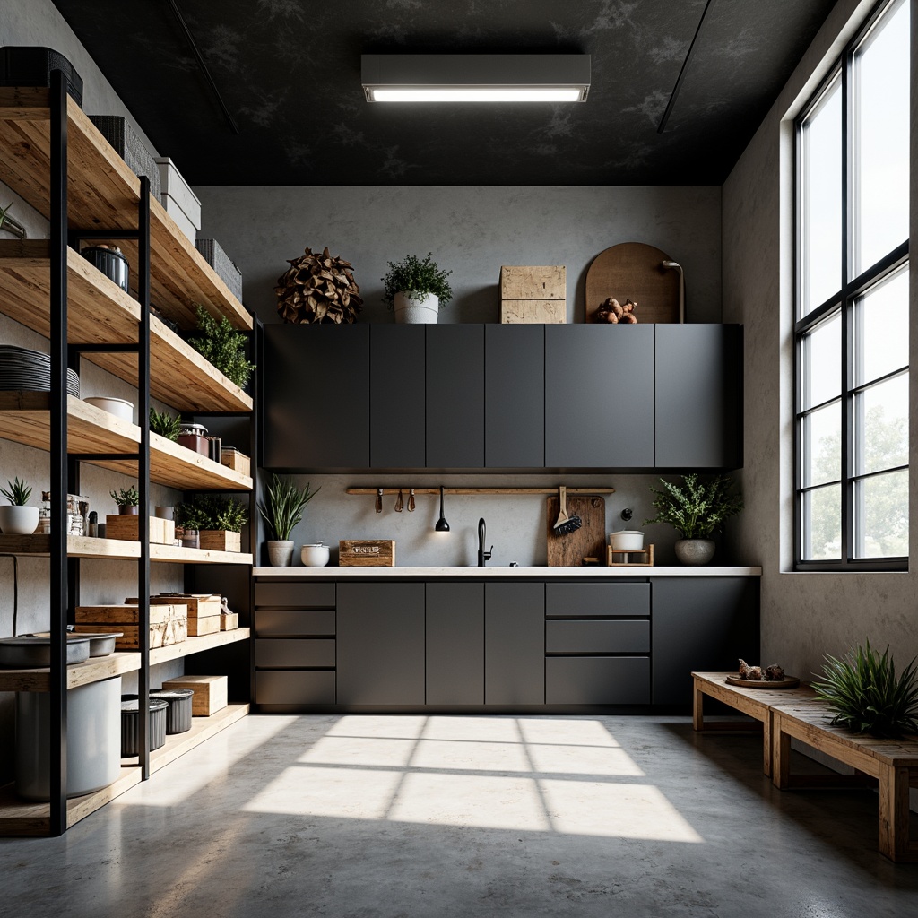 Prompt: Minimalist family garage, sleek metal storage units, industrial-style shelving, reclaimed wood accents, monochromatic color scheme, organized tool arrangements, labeled storage bins, overhead ceiling racks, floor-to-ceiling cabinets, epoxy-coated floors, bright LED lighting, 1/2 composition, shallow depth of field, realistic textures, ambient occlusion.