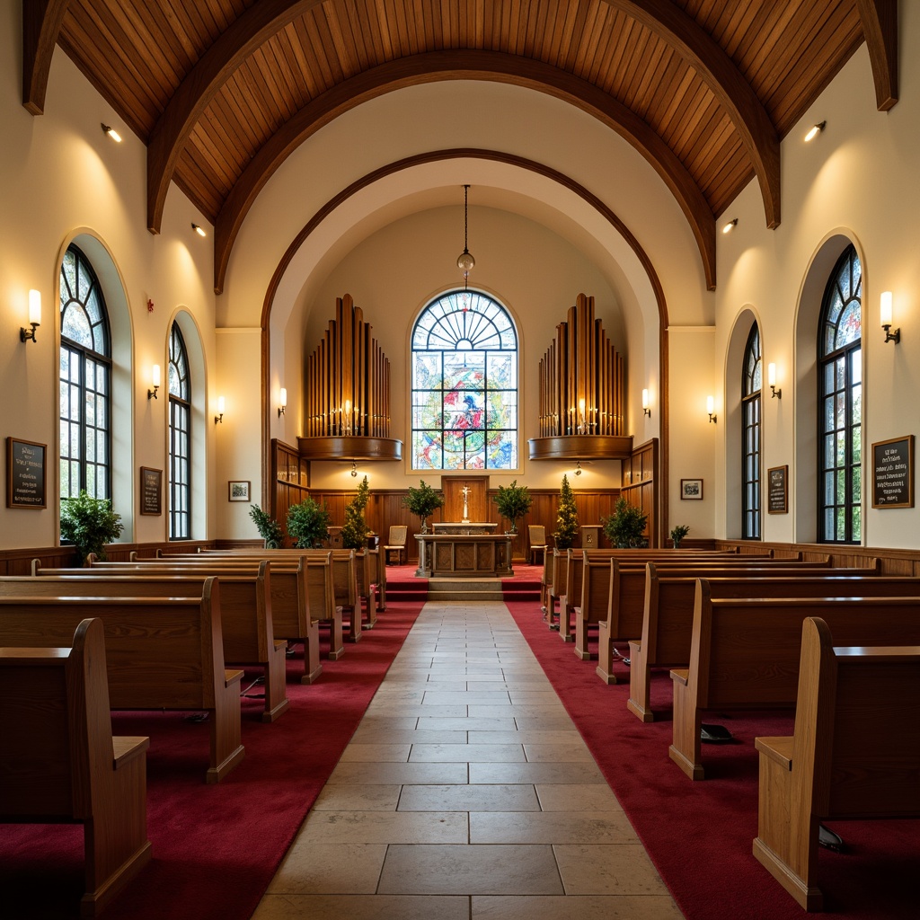 Prompt: Serene worship space, warm beige walls, rich wood tones, soft cream accents, calming blue hues, elegant stained glass windows, ornate chandeliers, plush red carpeting, comfortable pews, inspirational quotes, natural stone flooring, vaulted ceilings, grand pipe organs, subtle golden lighting, shallow depth of field, 1/1 composition, intimate atmosphere, realistic textures, ambient occlusion.