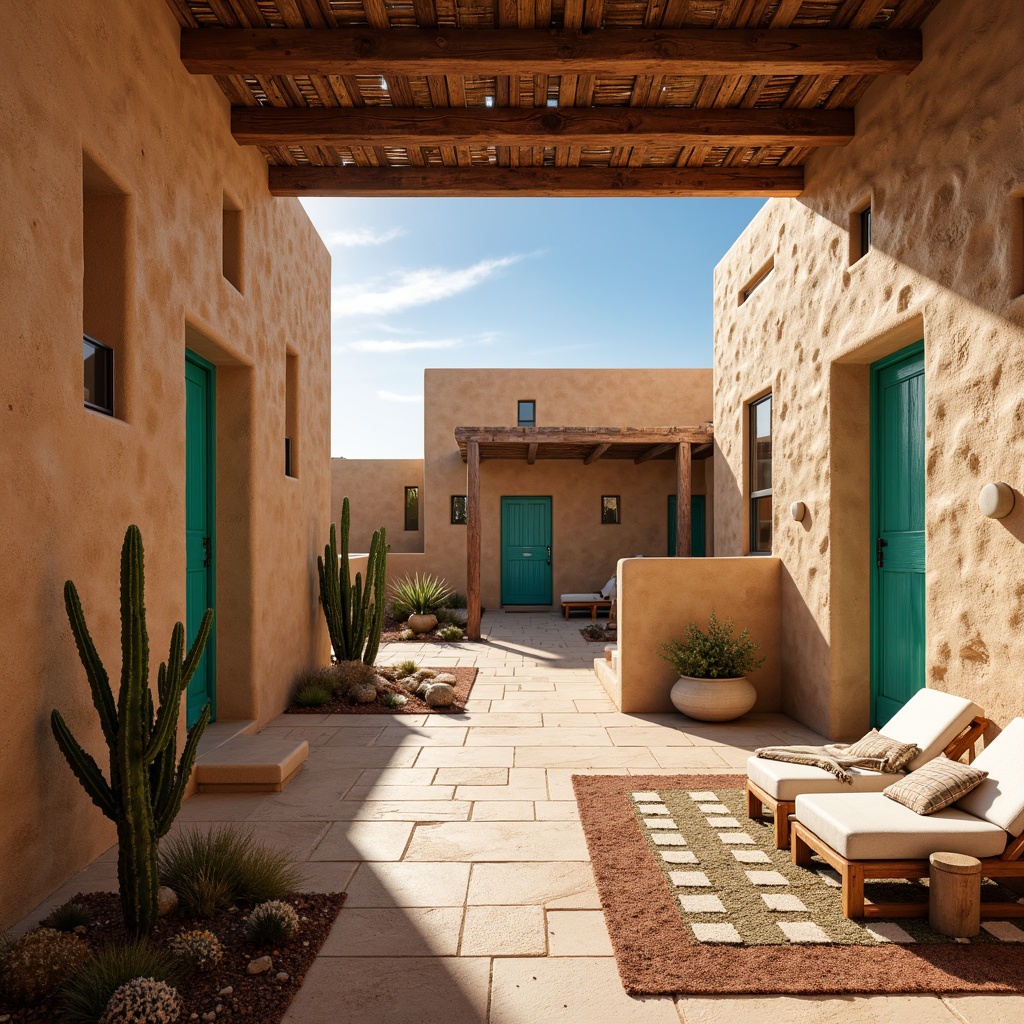 Prompt: Earthy adobe buildings, rustic textured walls, warm beige stucco, vibrant turquoise accents, natural stone floors, wooden ceiling beams, woven wool blankets, desert flora patterns, cactus silhouettes, sunny afternoon light, soft warm shadows, shallow depth of field, 3/4 composition, panoramic view, realistic textures, ambient occlusion.