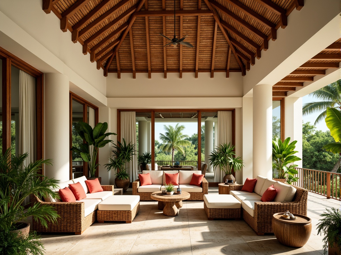 Prompt: Tropical great room, high ceiling, large windows, sliding glass doors, natural stone flooring, woven rattan furniture, vibrant greenery, exotic plants, warm wooden accents, soft beige walls, creamy white columns, bright coral colors, sunny day, soft warm lighting, shallow depth of field, 3/4 composition, panoramic view, realistic textures, ambient occlusion.