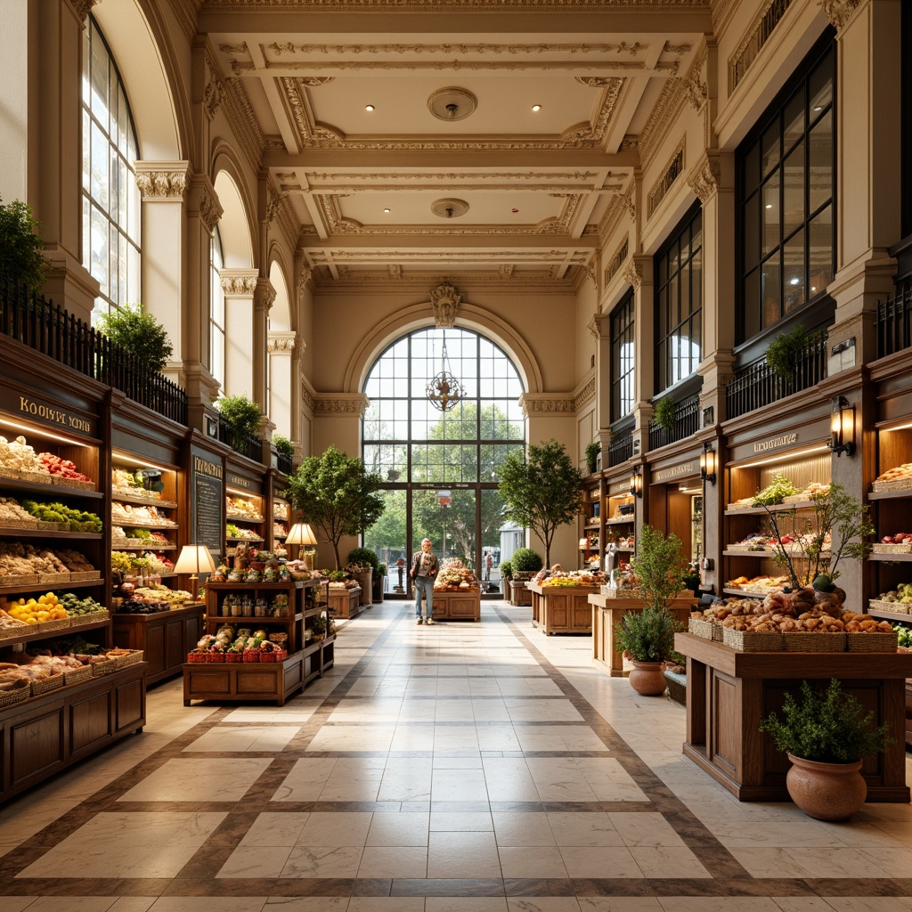 Prompt: Elegant neoclassical grocery store, ornate columns, high ceilings, marble floors, intricately patterned tile work, warm beige walls, soft golden lighting, large wooden shelves, classic decorative moldings, ornamental metal railings, vintage-inspired signage, rustic wooden crates, woven wicker baskets, earthy terracotta pots, lush greenery, abundant natural light, shallow depth of field, 1/1 composition, realistic textures, ambient occlusion.