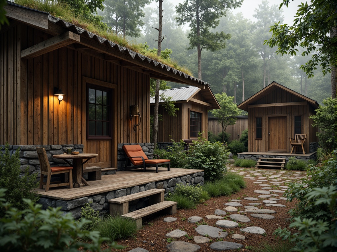 Prompt: Rustic wooden cabin, natural stone walls, earthy tones, moss-covered roofs, overhanging eaves, rough-hewn timber beams, distressed metal accents, vintage outdoor furniture, lush greenery surroundings, misty forest atmosphere, soft warm lighting, shallow depth of field, 3/4 composition, realistic textures, ambient occlusion.